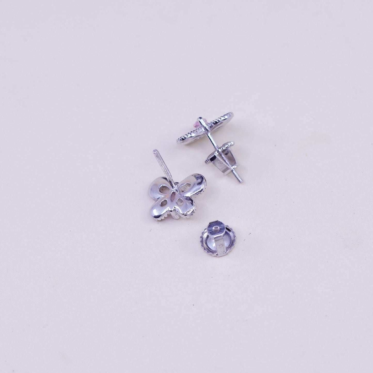 Vintage sterling silver earrings, 925 butterfly studs with pink quartz
