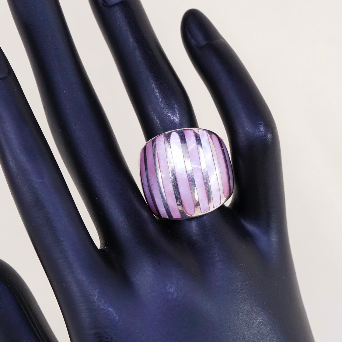 sz 7.5, sterling 925 silver handmade ring band w/ pink mother of pearl stripes
