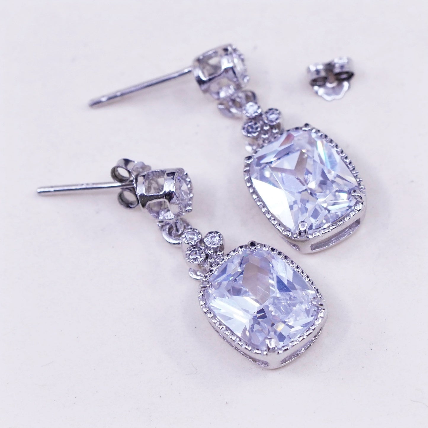 Vintage sterling 925 silver handmade earrings with rectangular CZ