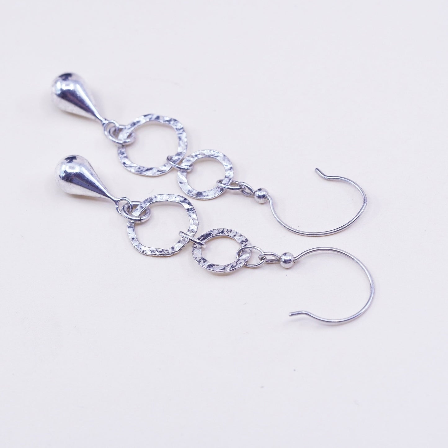 vtg sterling silver handmade earrings, 925 hammered circle w/ teardrop dangles
