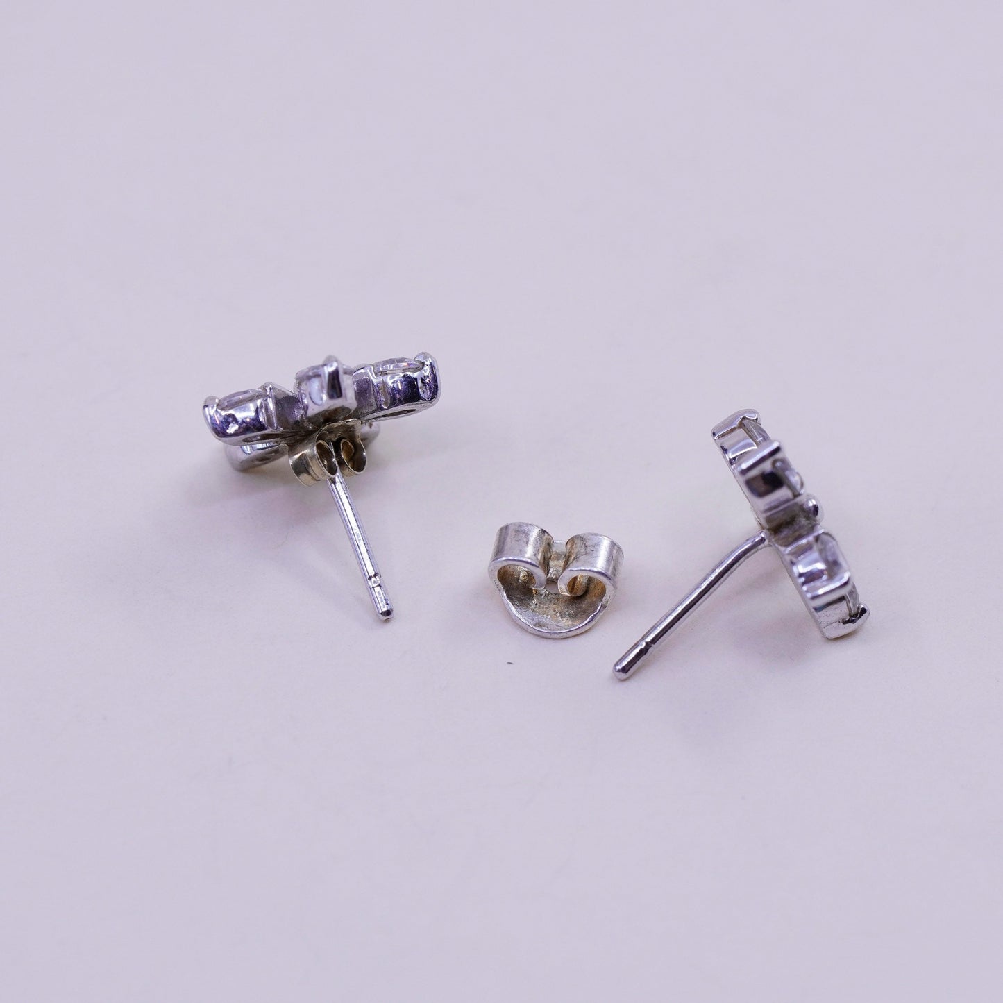 Vintage Sterling silver handmade earrings, 925 flower studs with cz