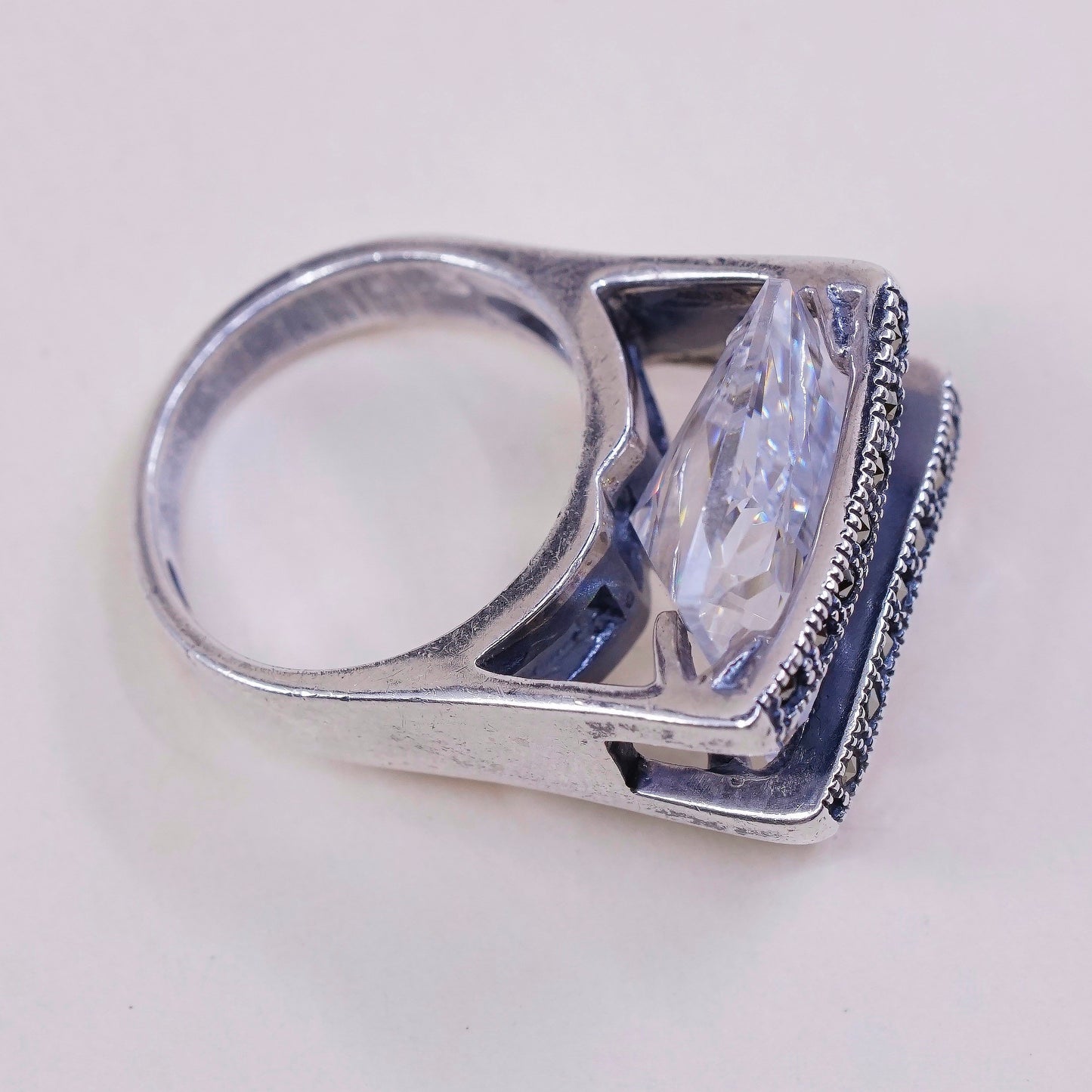 sz 4.75, vtg Sterling silver handmade cocktail ring w/ CZ and marcasite