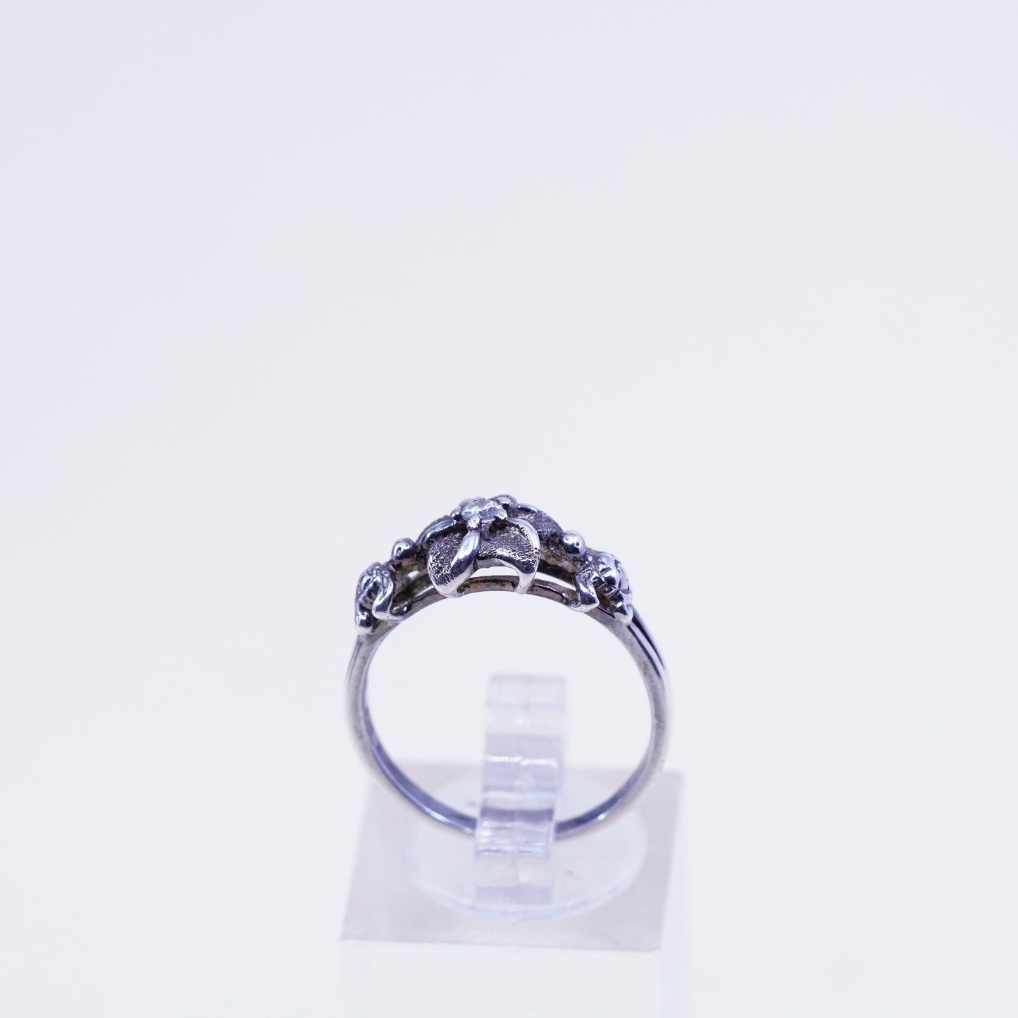 Size 7, vtg sterling silver plumeria flower with crystal ring, 925 silver ring