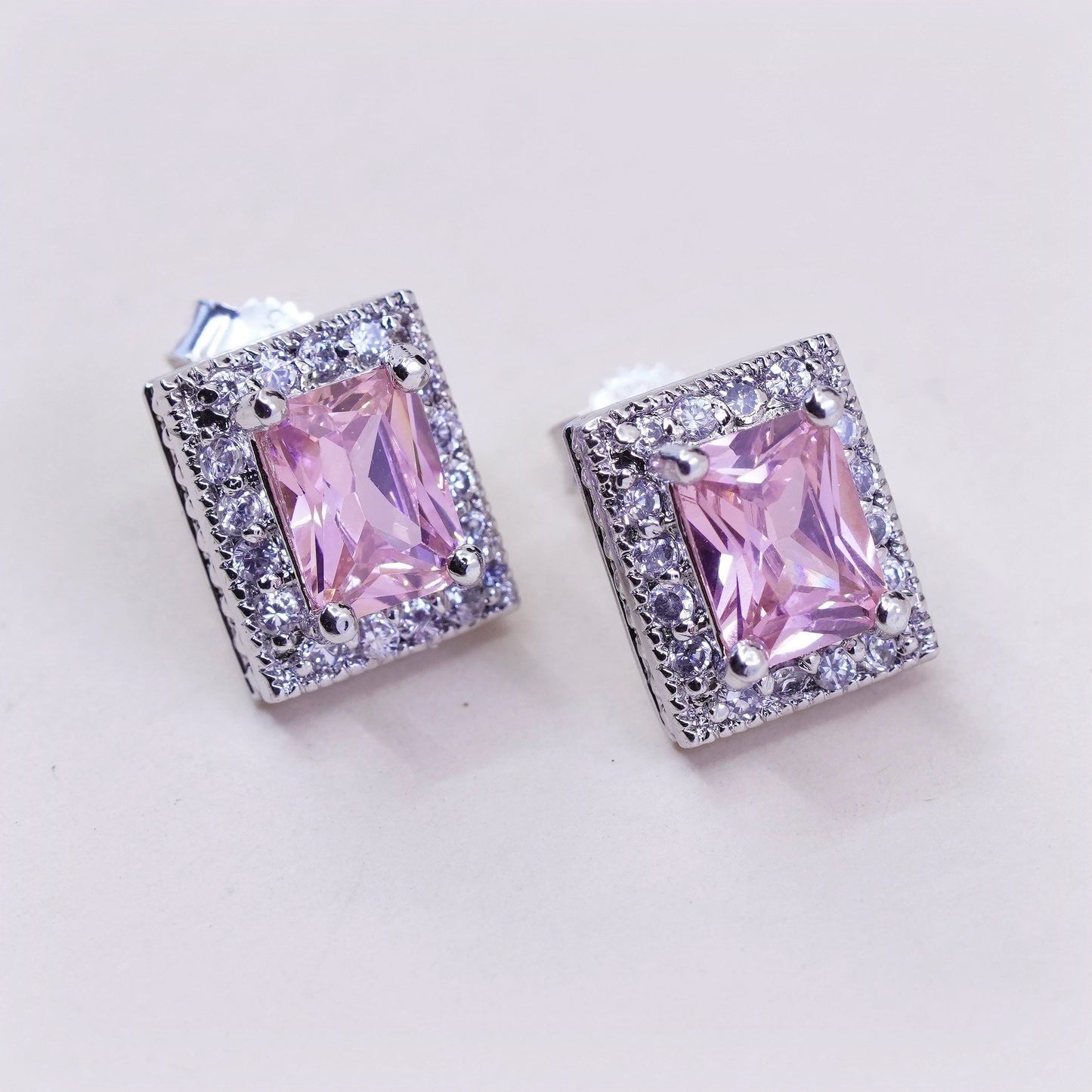 Vintage sterling silver handmade earrings, 925 square studs with pink Cz
