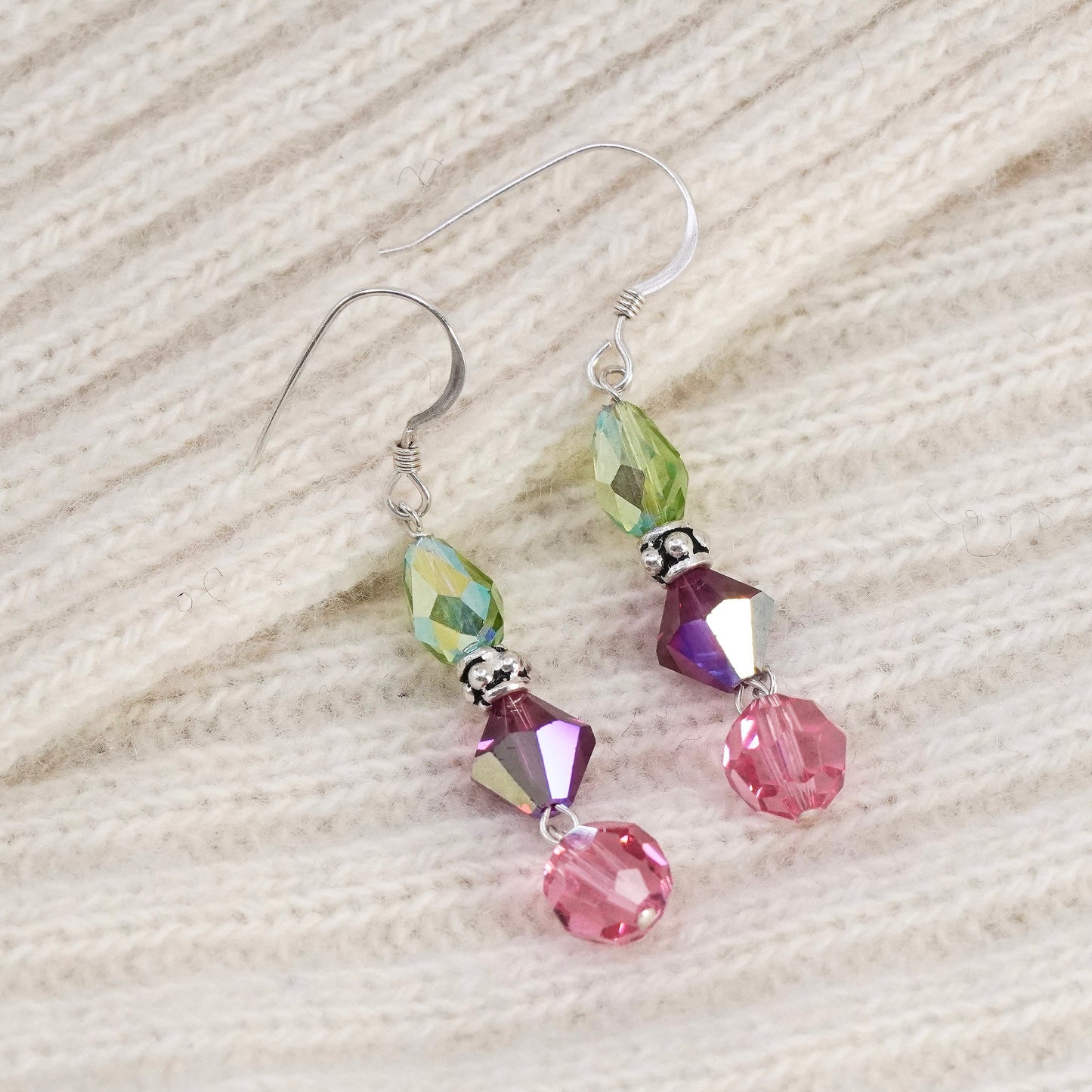 Vintage Sterling 925 silver handmade earrings with pink ruby green crystal