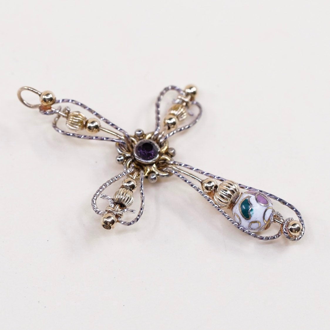 sterling silver handmade pendant, wired 925 cross w/ amethyst N 14K gold bead