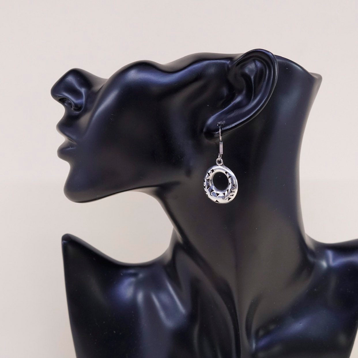vtg Sterling silver handmade earrings, 925 silver circle disc dangles