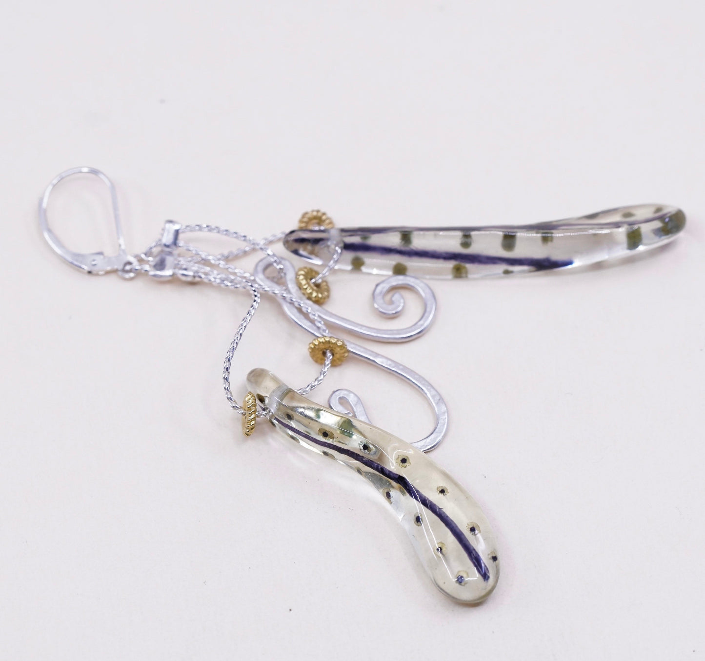 VTG sterling 925 silver handmade earrings, resin long nugget with swirl dangles