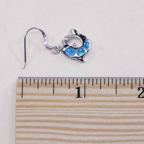 Vintage Sterling 925 Silver Handmade Dolphin dangle earrings W/ Opal Inlay