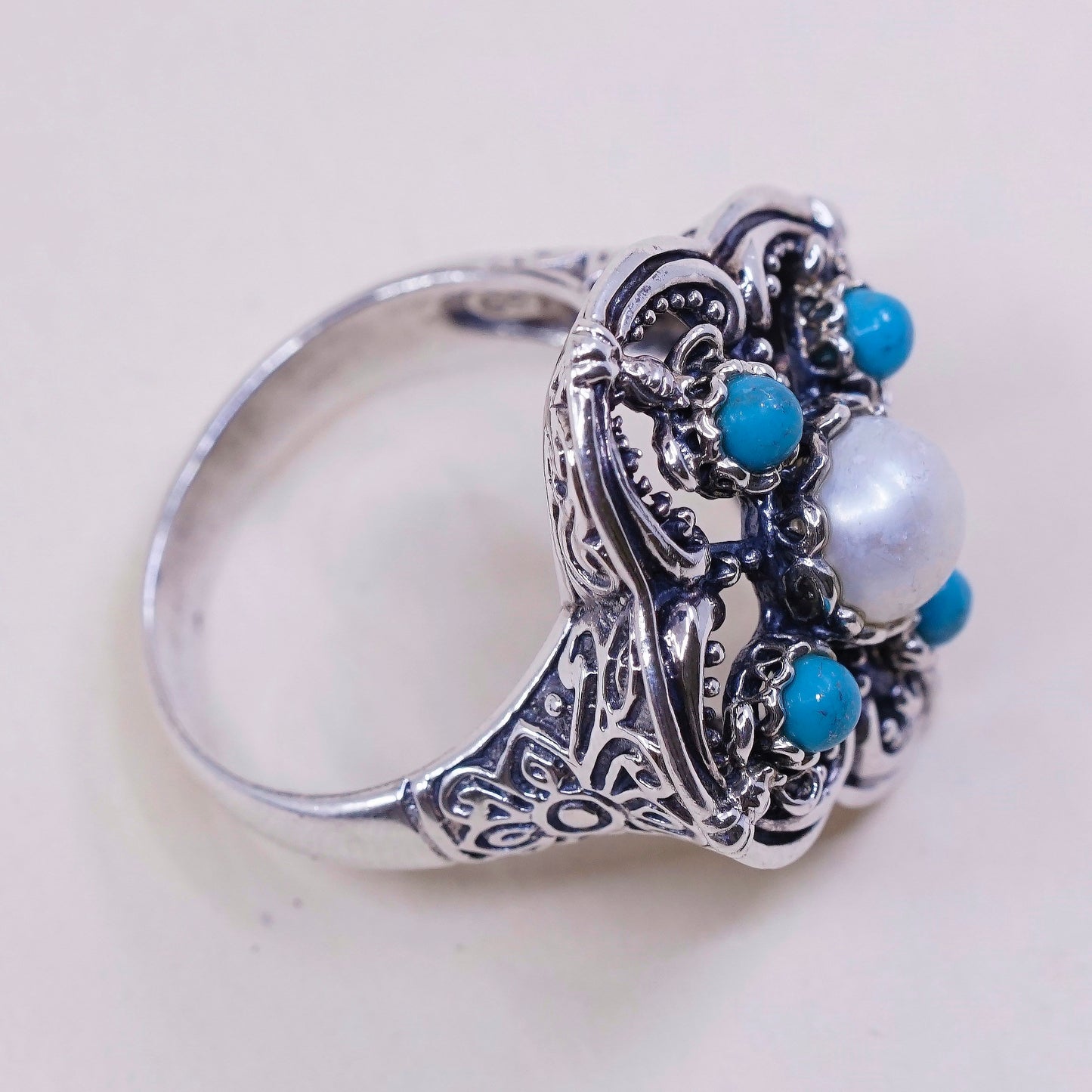 sz 9.5, vintage GSJ Sterling silver handmade ring, 925 w/ turquoise N pearl