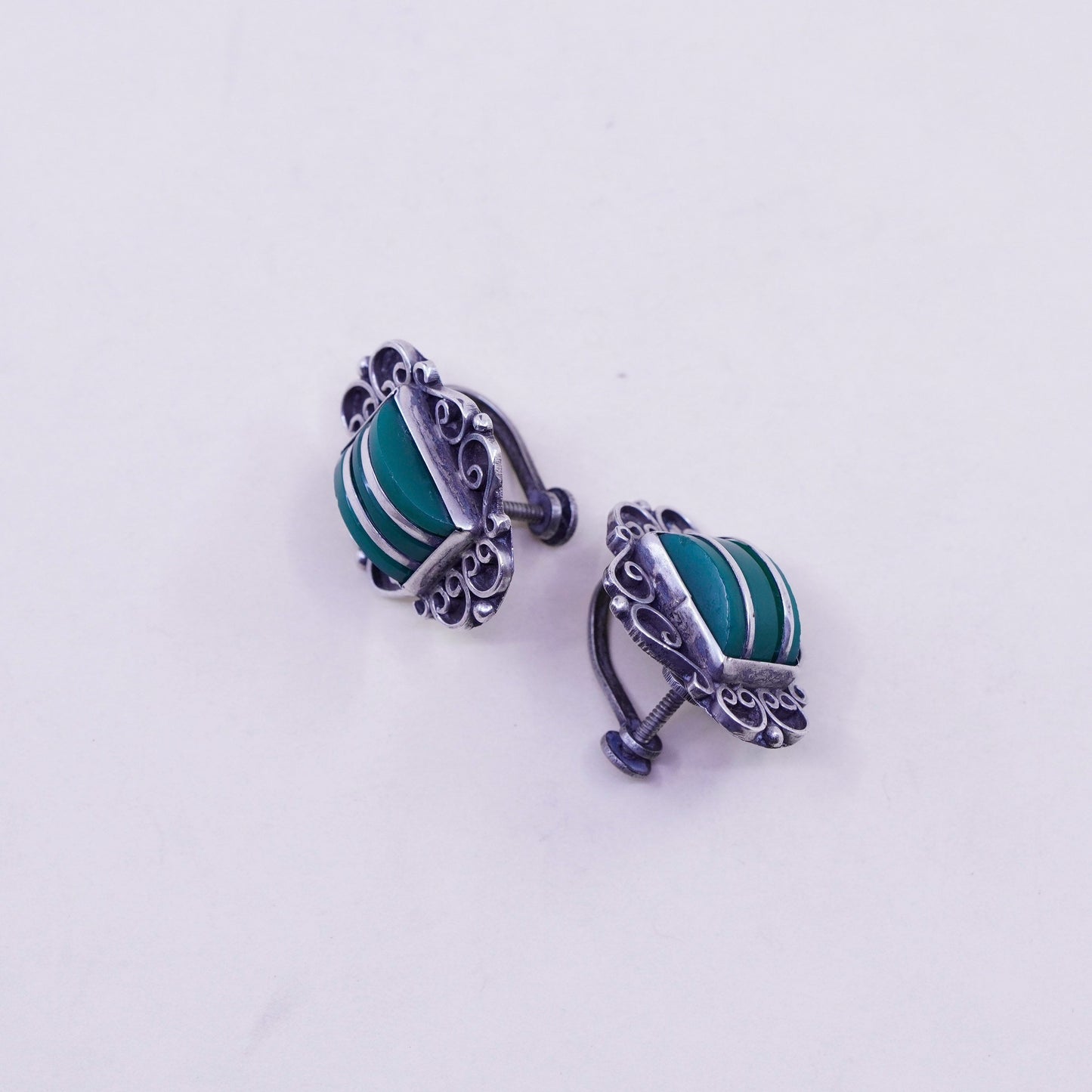 Vintage sterling 925 silver handmade screw back earrings with jade inlay