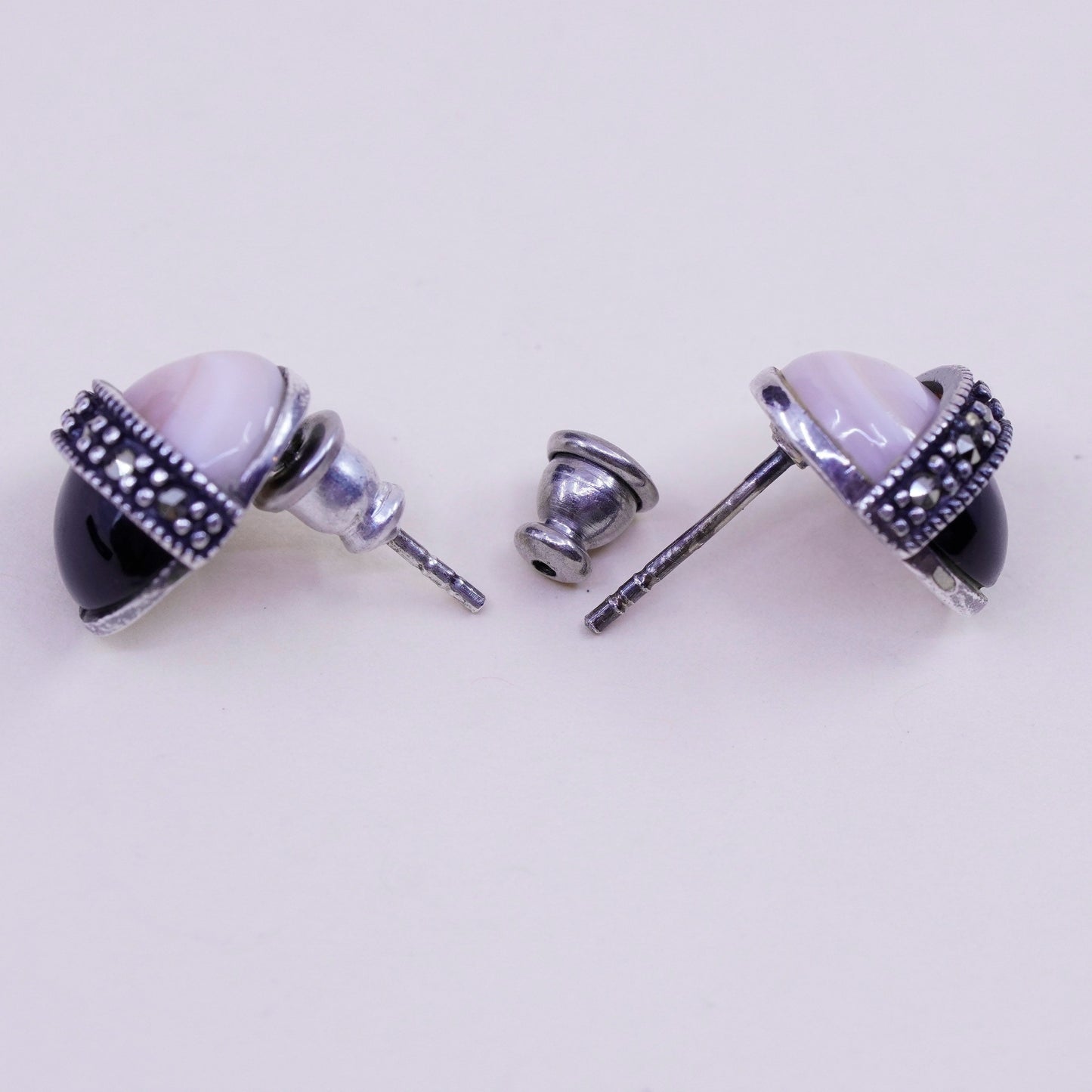 Vintage sterling silver earrings, 925 studs with agate obsidian and marcasite