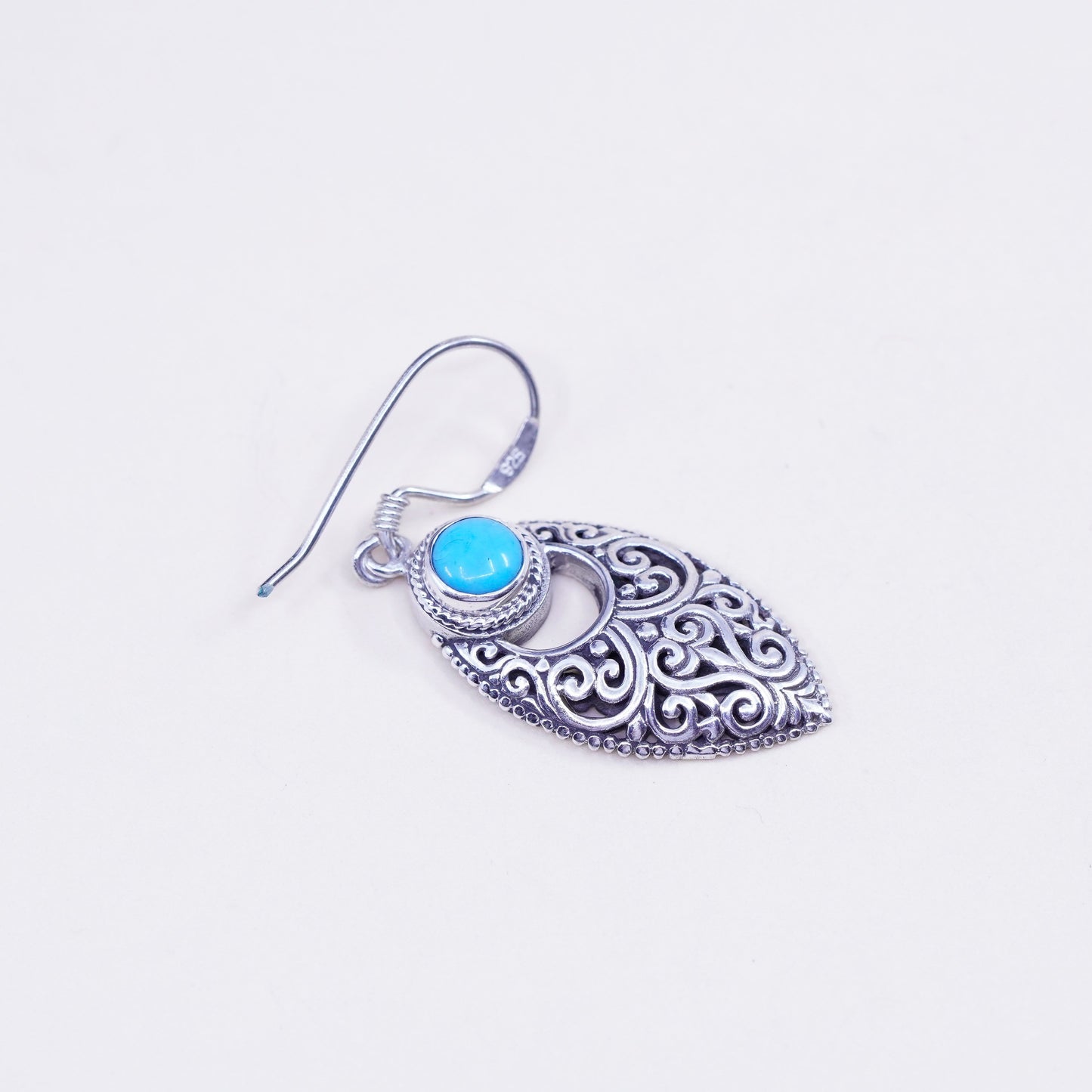 Vintage Sterling 925 silver handmade marquise earrings with turquoise filigree