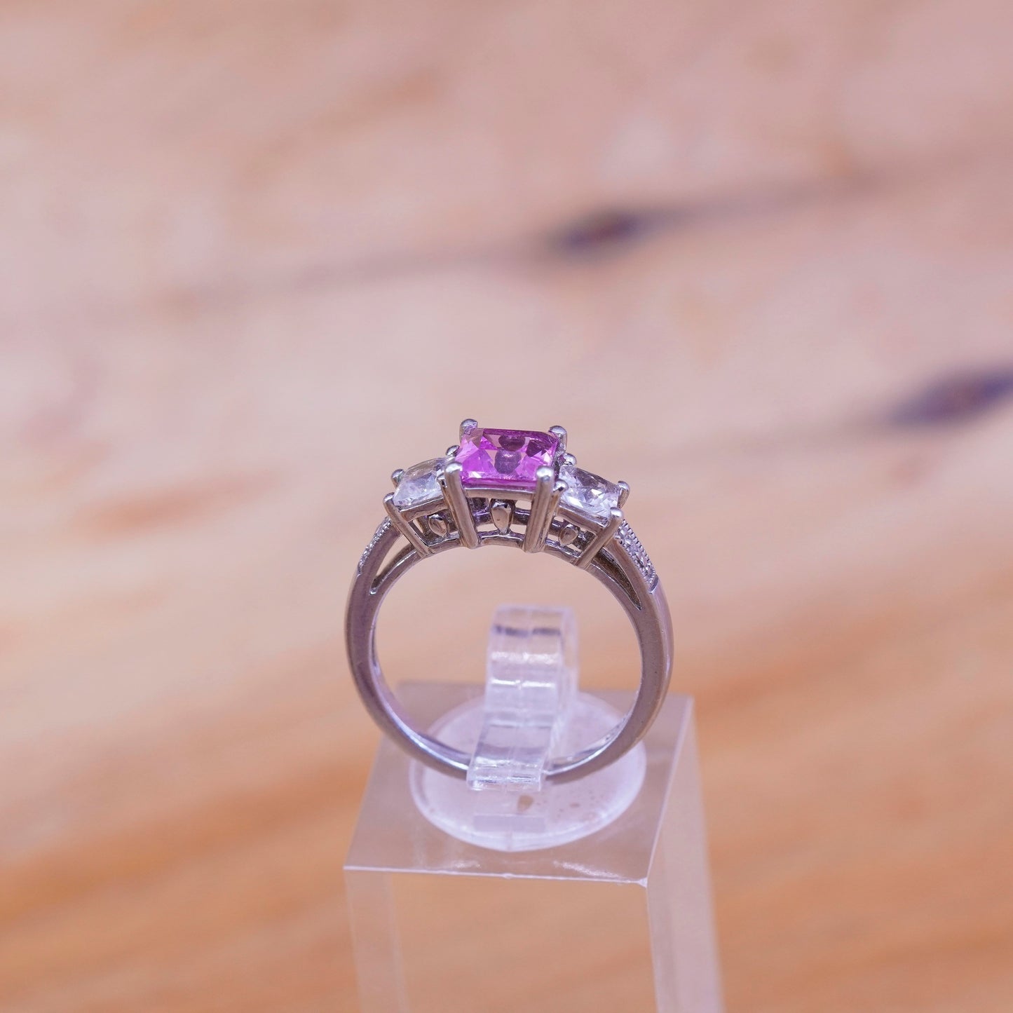 Size 6.5, vintage Sterling 925 silver ring with pink and clear cz