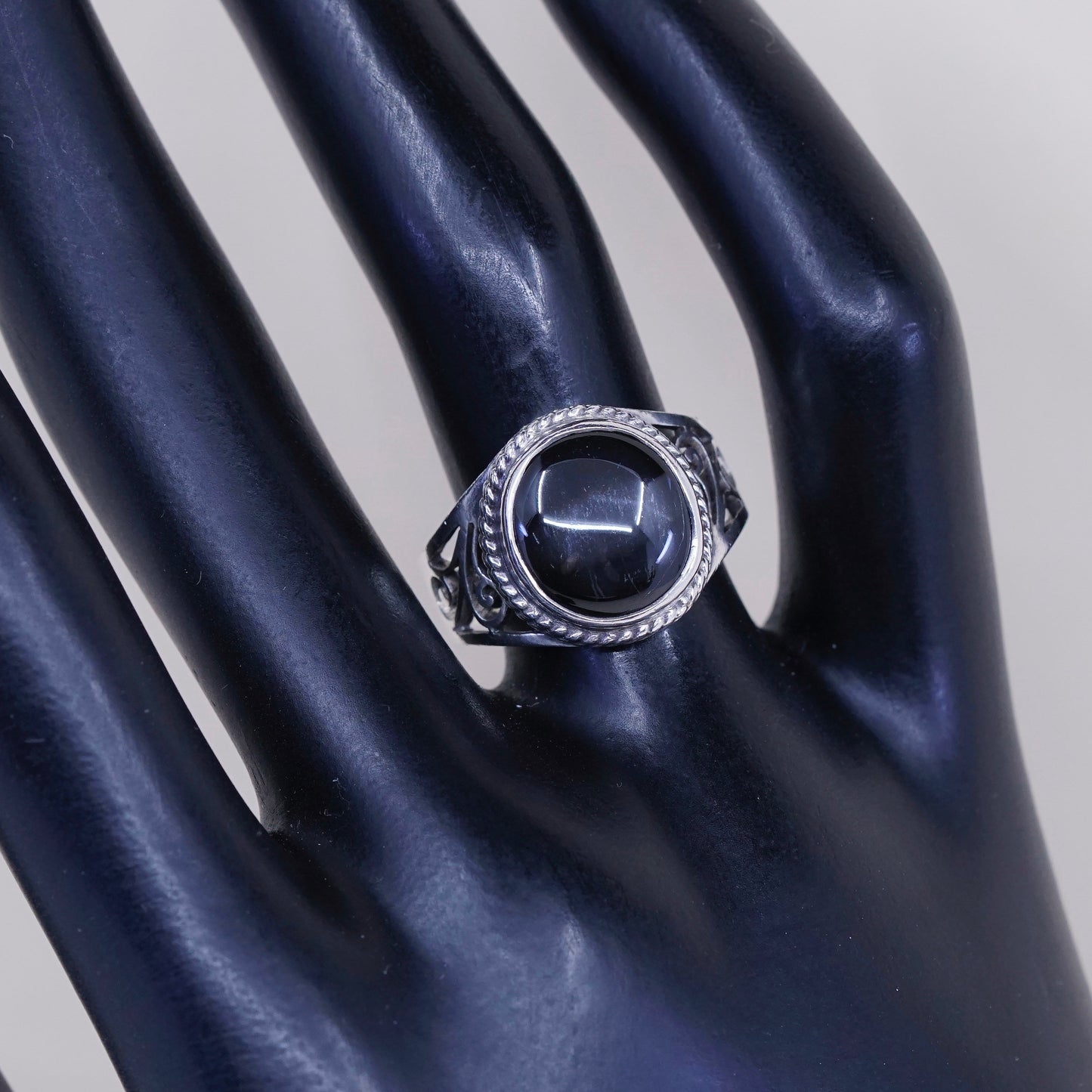sz 7, vtg sterling silver ring, handmade filigree 925 ring w/ black tiger eye