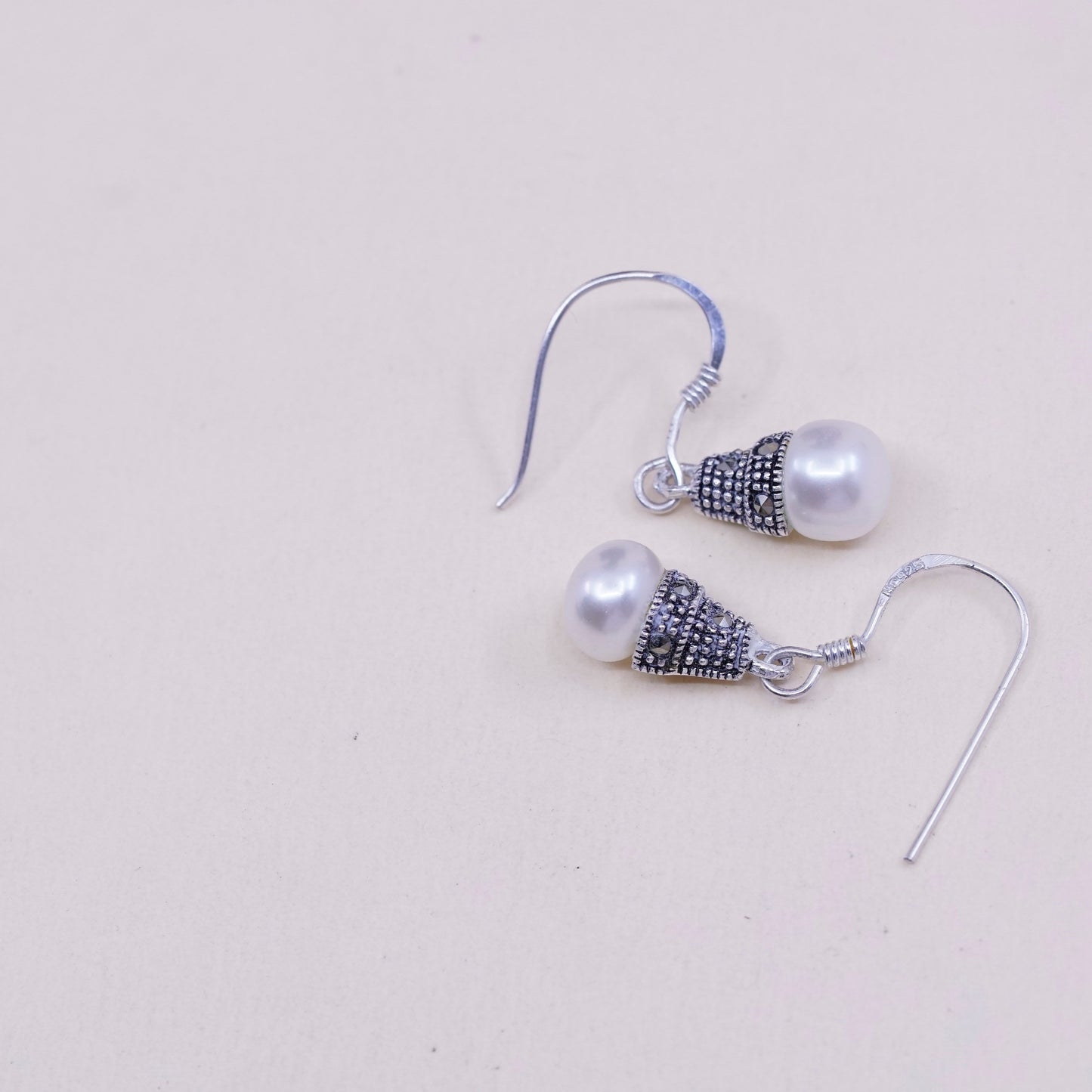 vtg Sterling silver handmade earrings, 925 teardrop with Marcasite and pearl