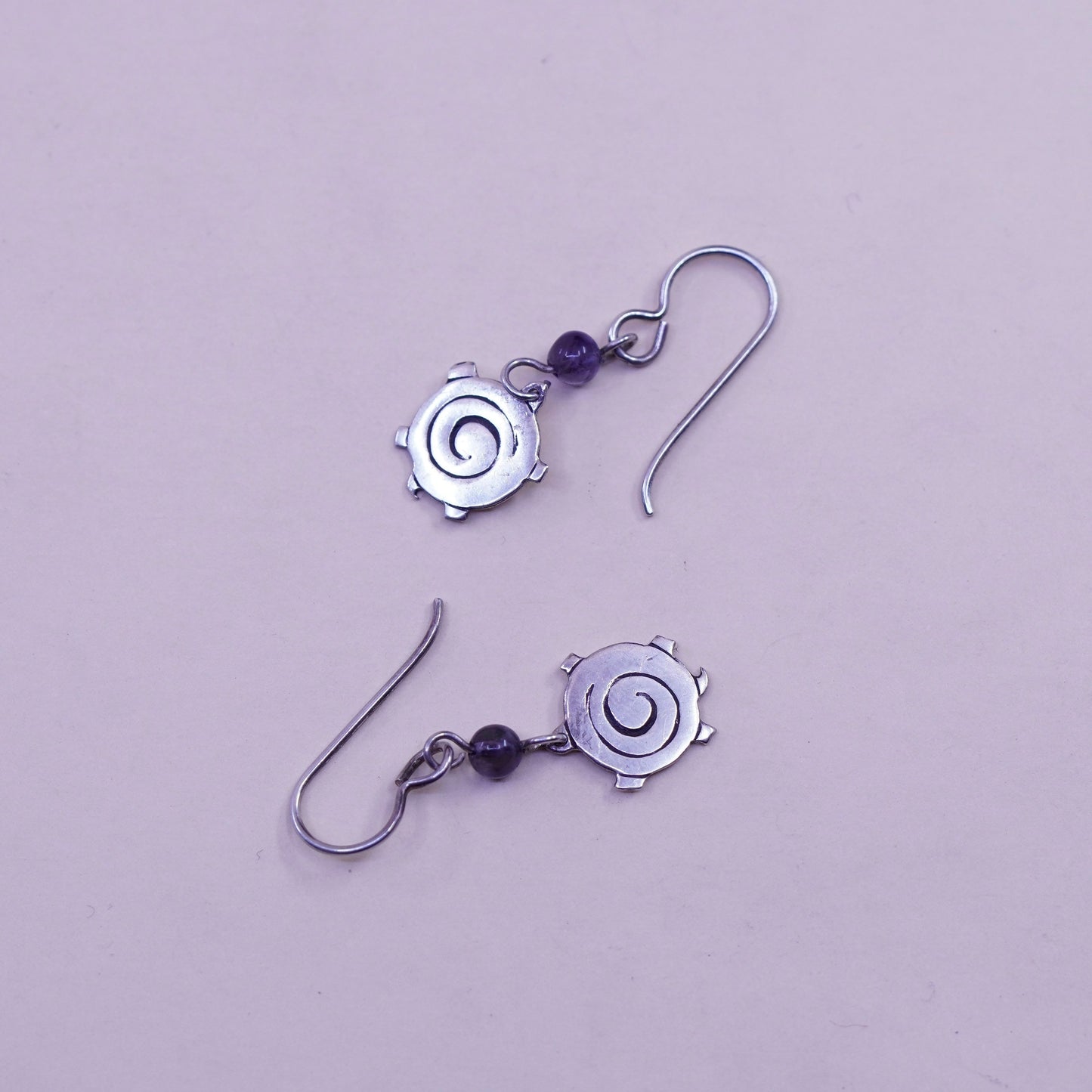 Vintage Sterling silver handmade earrings, 925 swirly dangles with amethyst