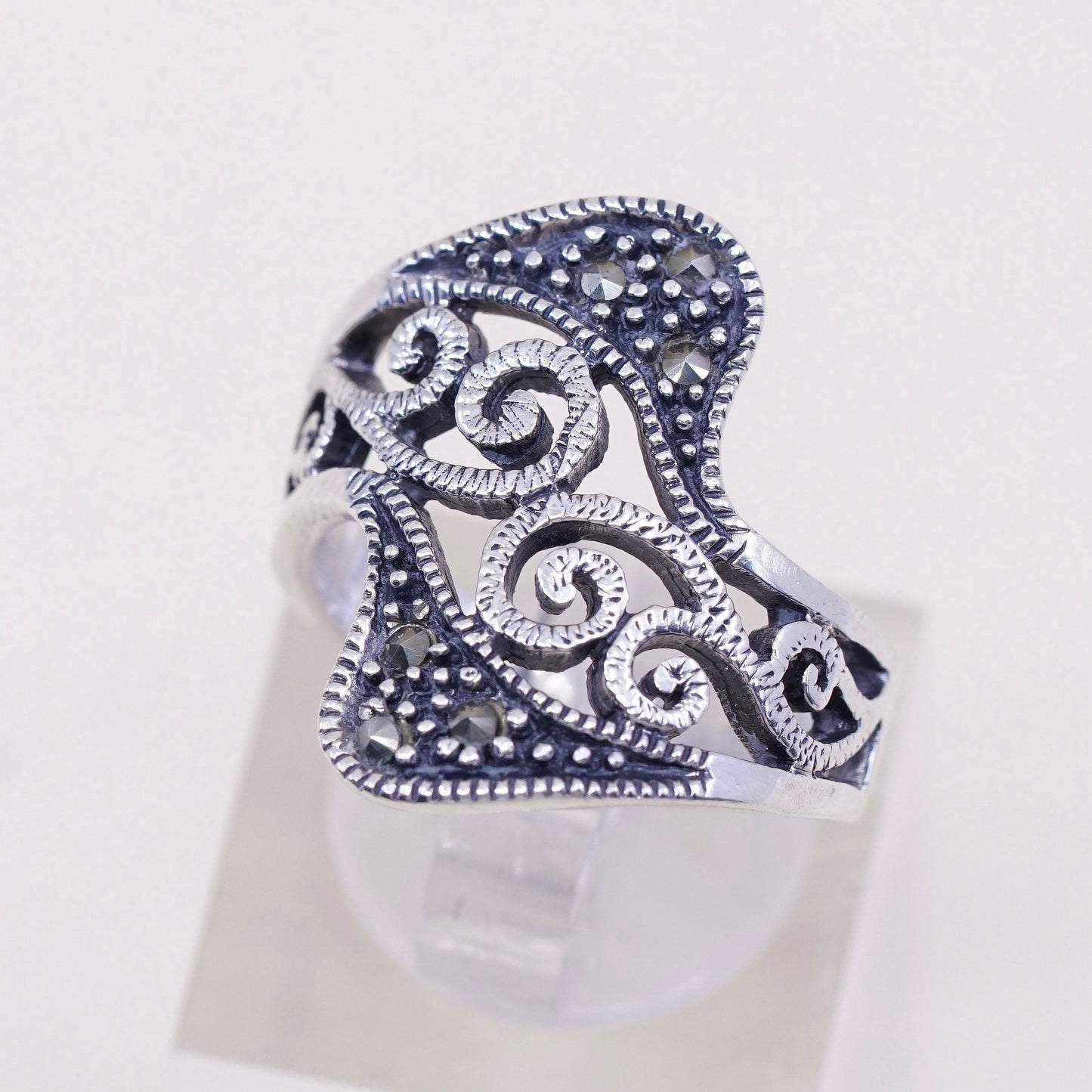 Size 7, Vintage Sterling silver handmade ring, 925 band with Marcasite