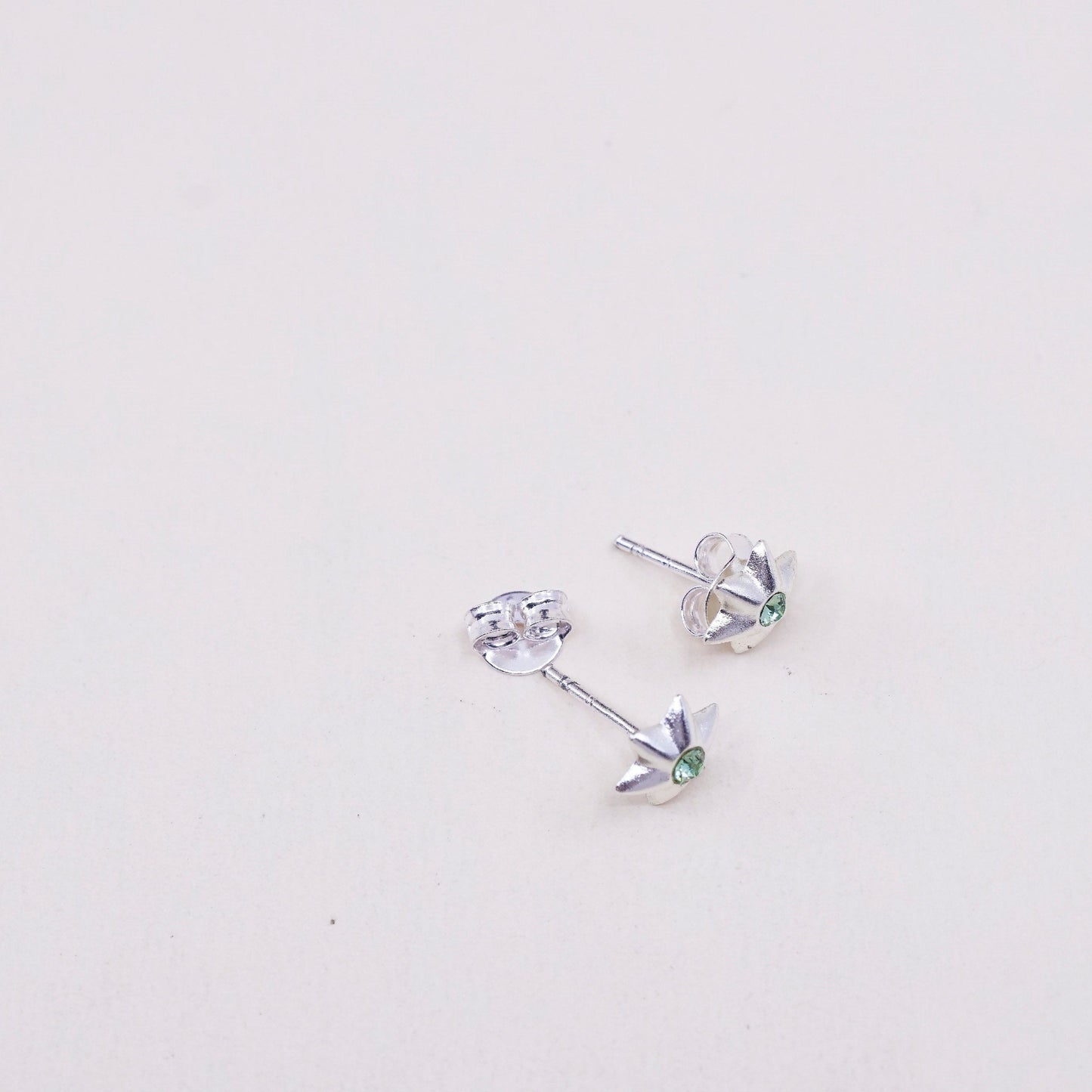 Vintage sterling silver star green CZ studs, fashion minimalist earrings