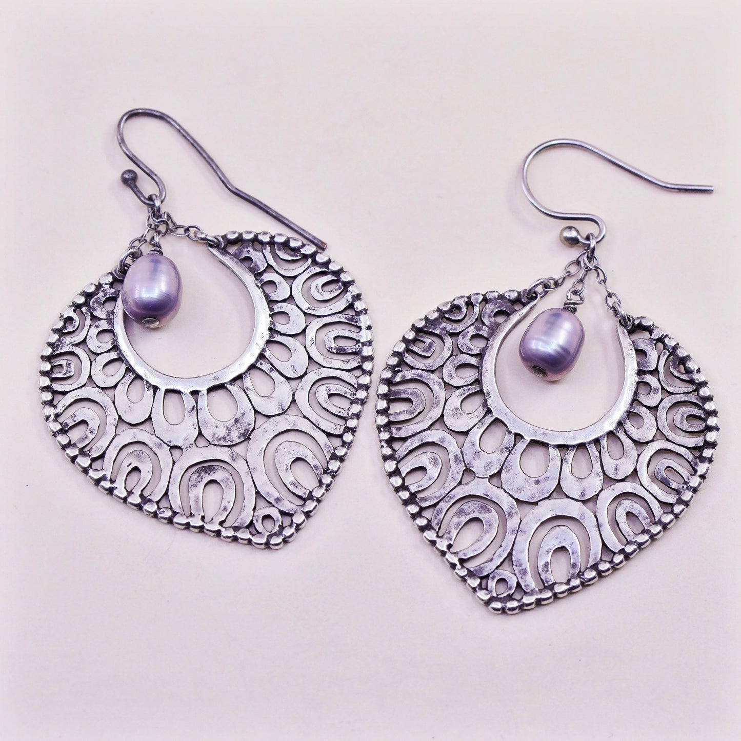 Indonesia Sterling silver handmade earrings, 925 filigree teardrop pearl beads