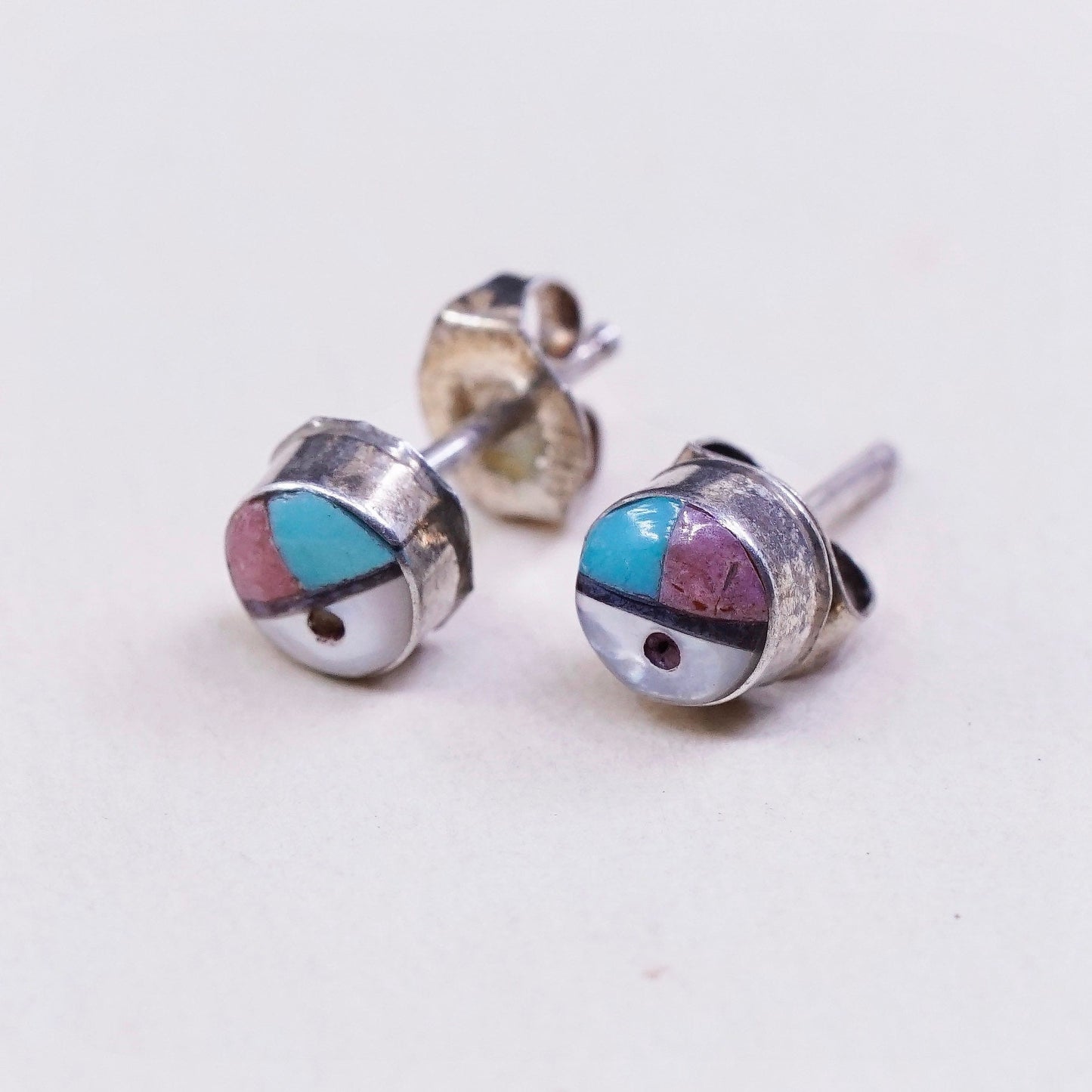 Native American Sterling silver handmade earrings, 925 Zuni Sunbonnet studs