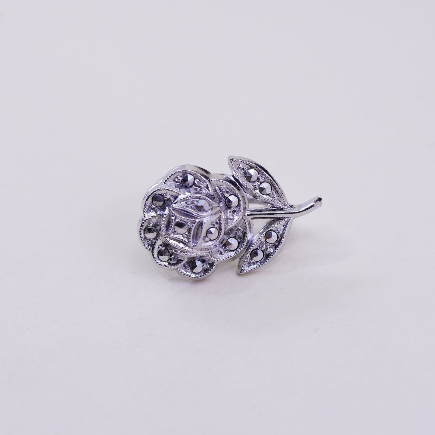Sterling silver handmade earrings, 925 screw back rose flower with Marcasite