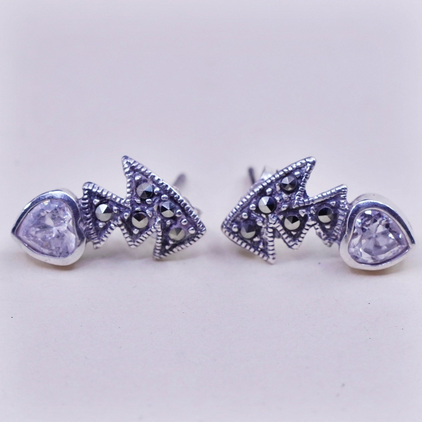 Vintage sterling 925 silver genuine cz studs, minimalist earrings and marcasite