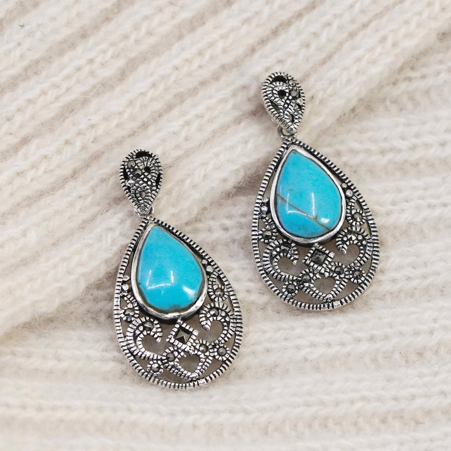 Vintage Sterling 925 silver handmade earrings with teardrop turquoise marcasite