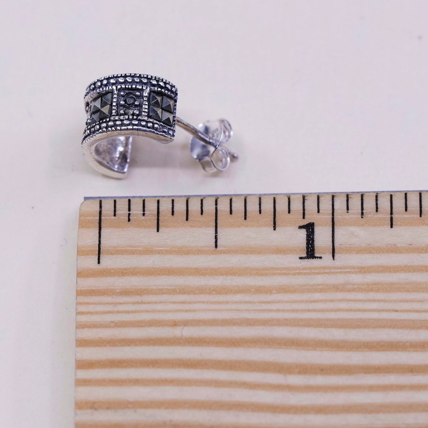vtg Sterling silver handmade earrings, 925 Huggie studs w/ marcasite