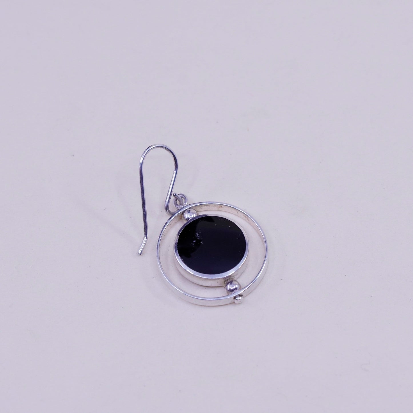 Vintage sterling silver handmade earrings, 925 circle spinner dangles obsidian