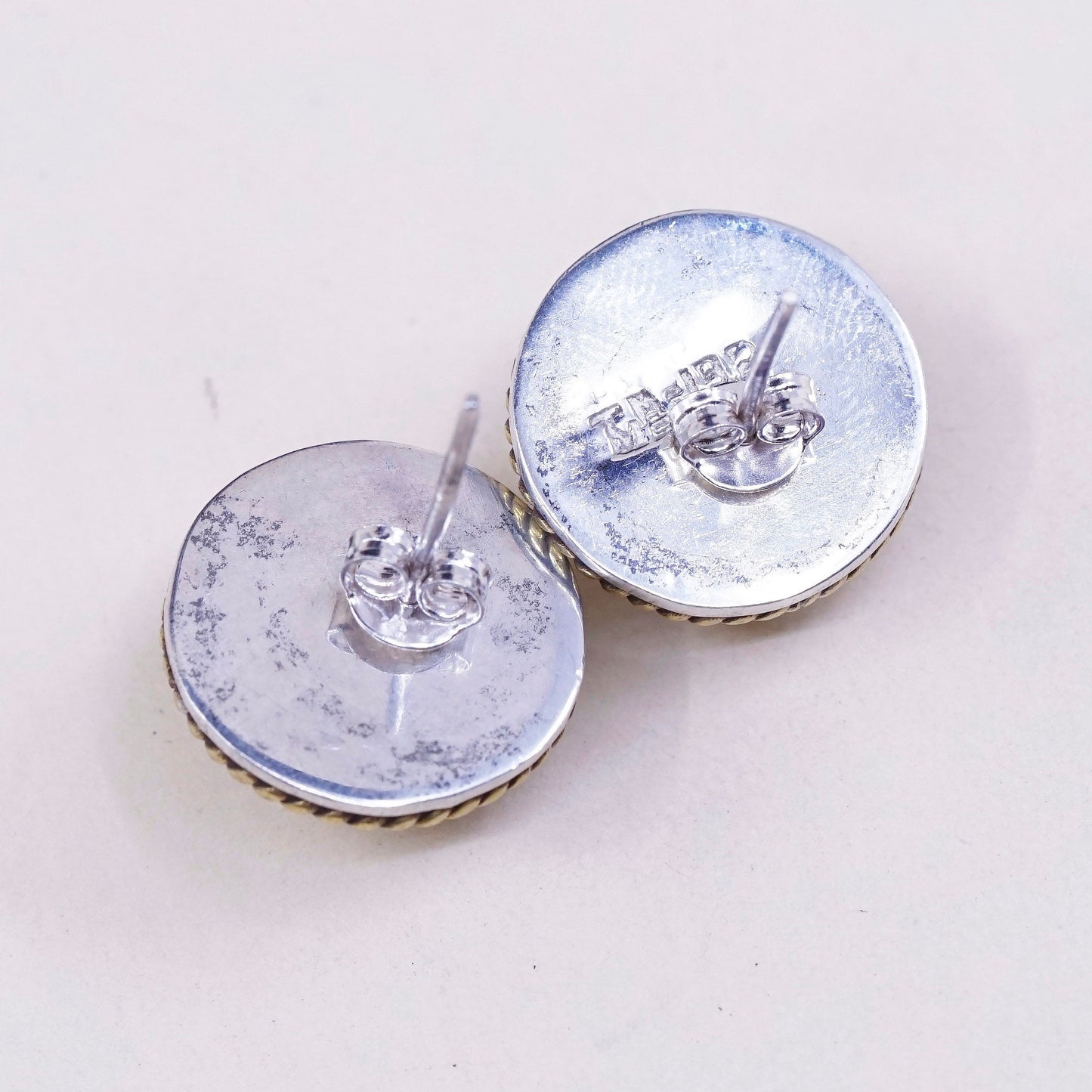 0.5”, vtg sterling silver button studs, handmade 925 earrings with brass rope