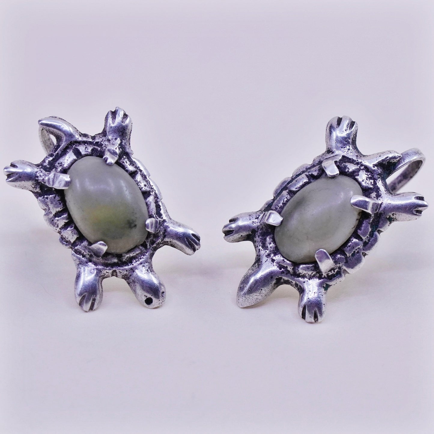 Vintage Sterling 925 silver handmade screw back turtle earrings with jasper