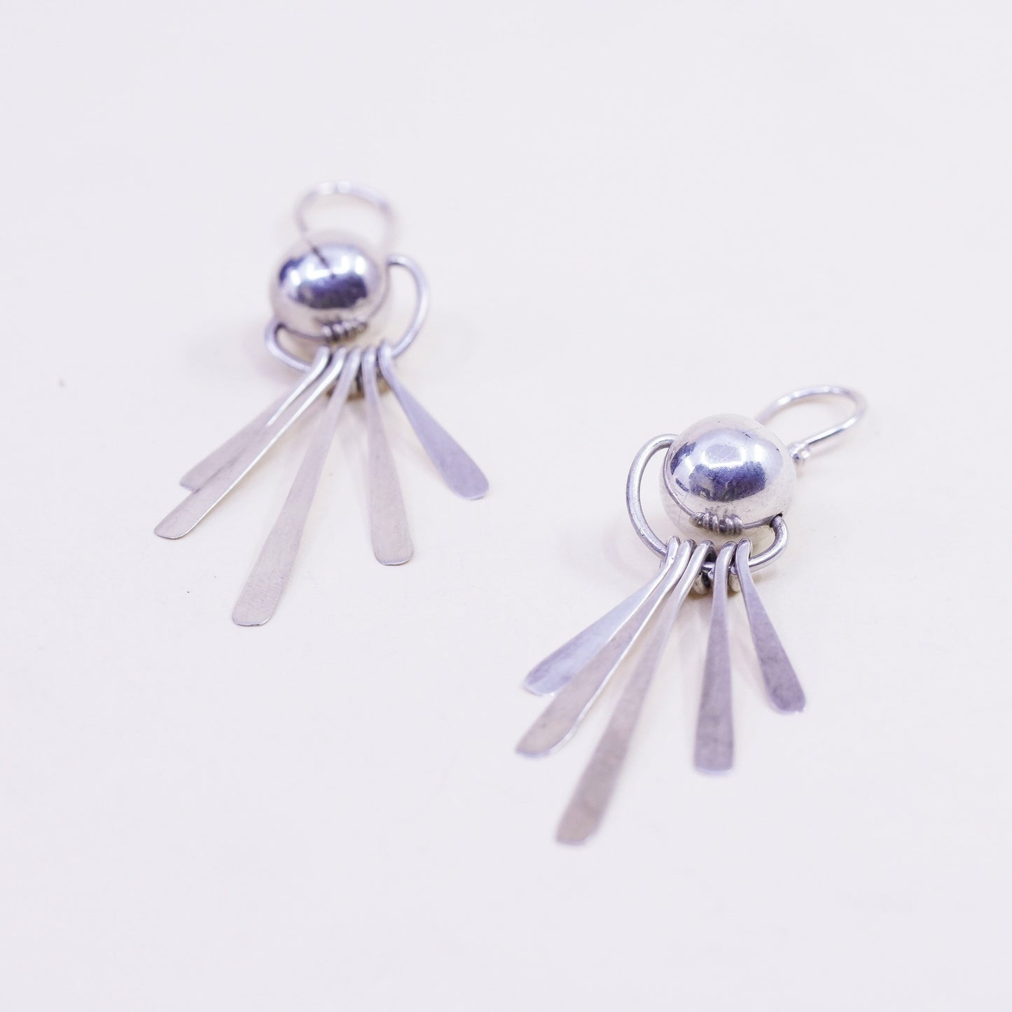 Vintage Sterling silver handmade earrings, modern 925 bead with fringe drop