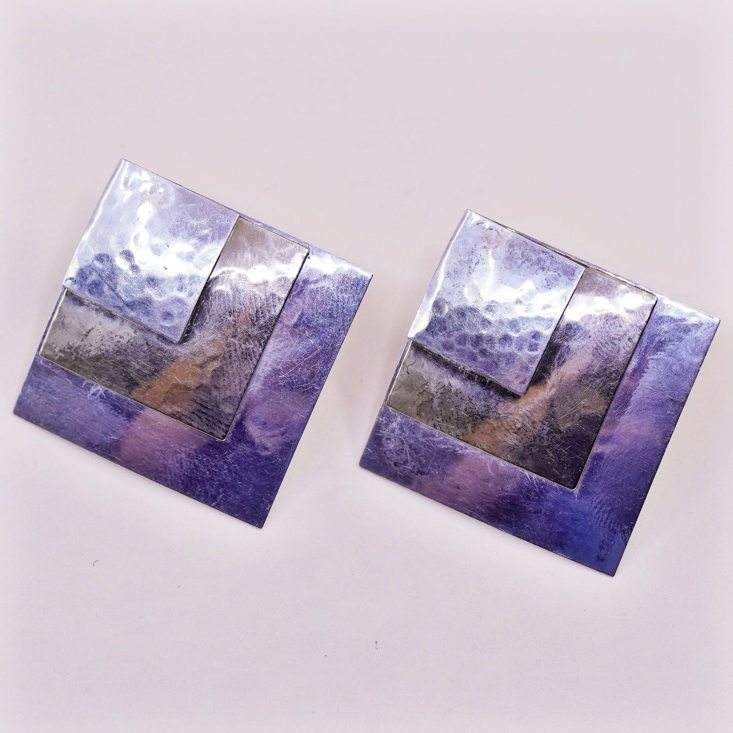 Vintage sterling silver handmade earrings, hammered 925 studs with 14K accent