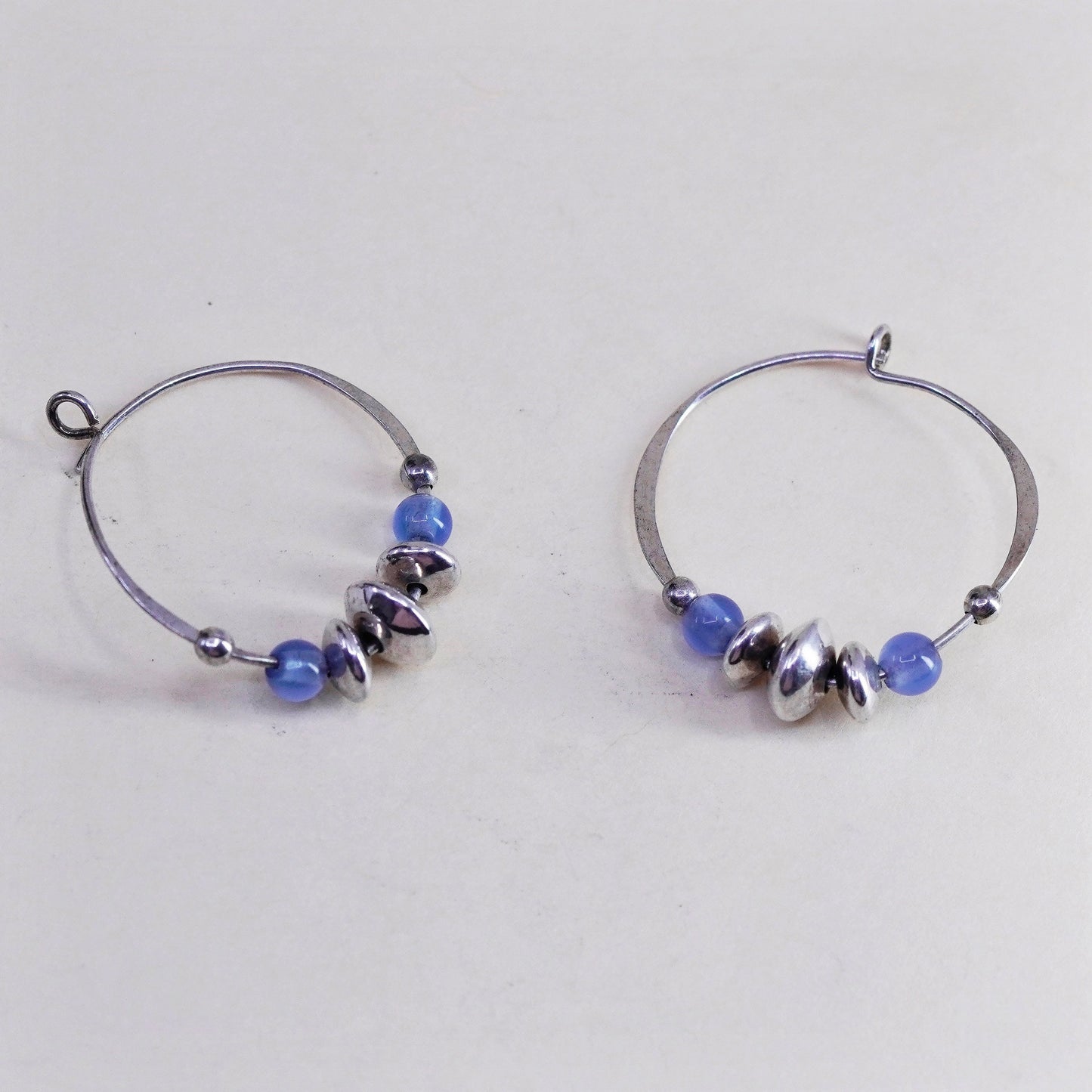0.75”, sterling 925 silver loop earrings, primitive hoops blue cats eye beads