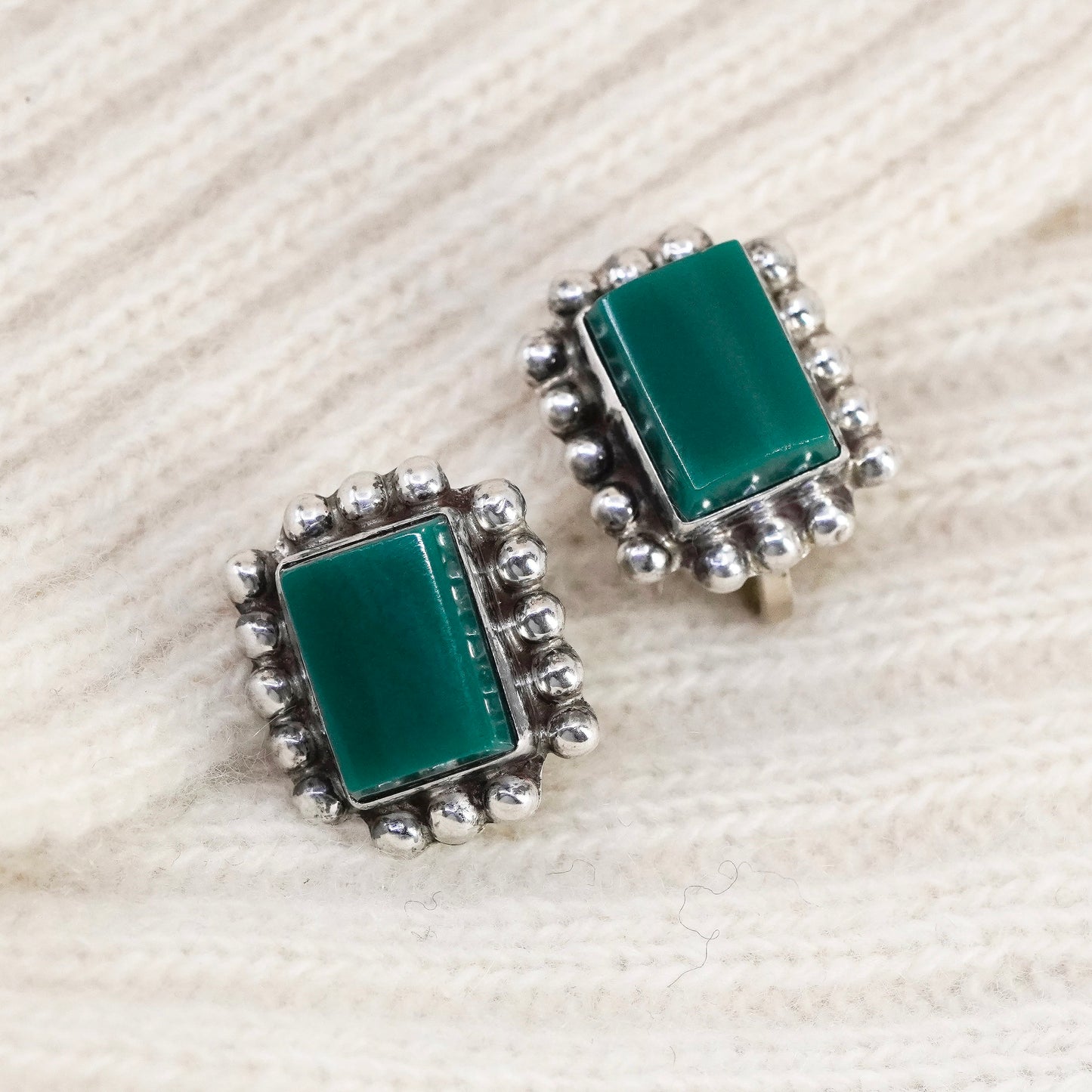 Vintage sterling 925 silver handmade screw back earrings with jade inlay