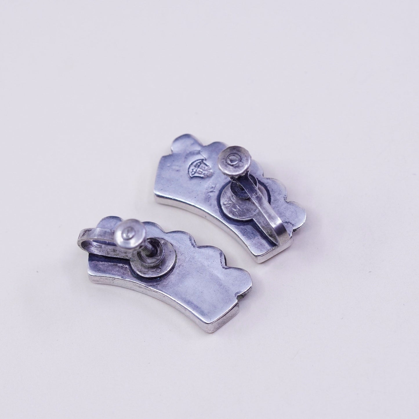 Vintage sterling 925 silver handmade screw back earrings with abalone, stamped silver mexico 20