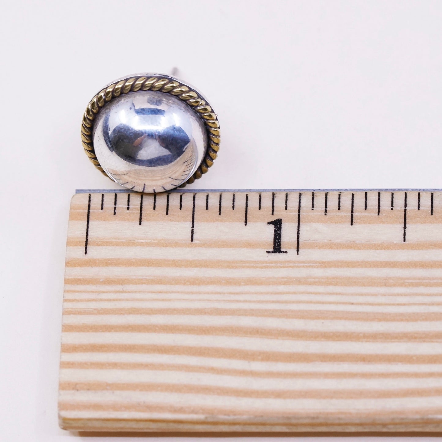 0.5”, vtg sterling silver button studs, handmade 925 earrings with brass rope
