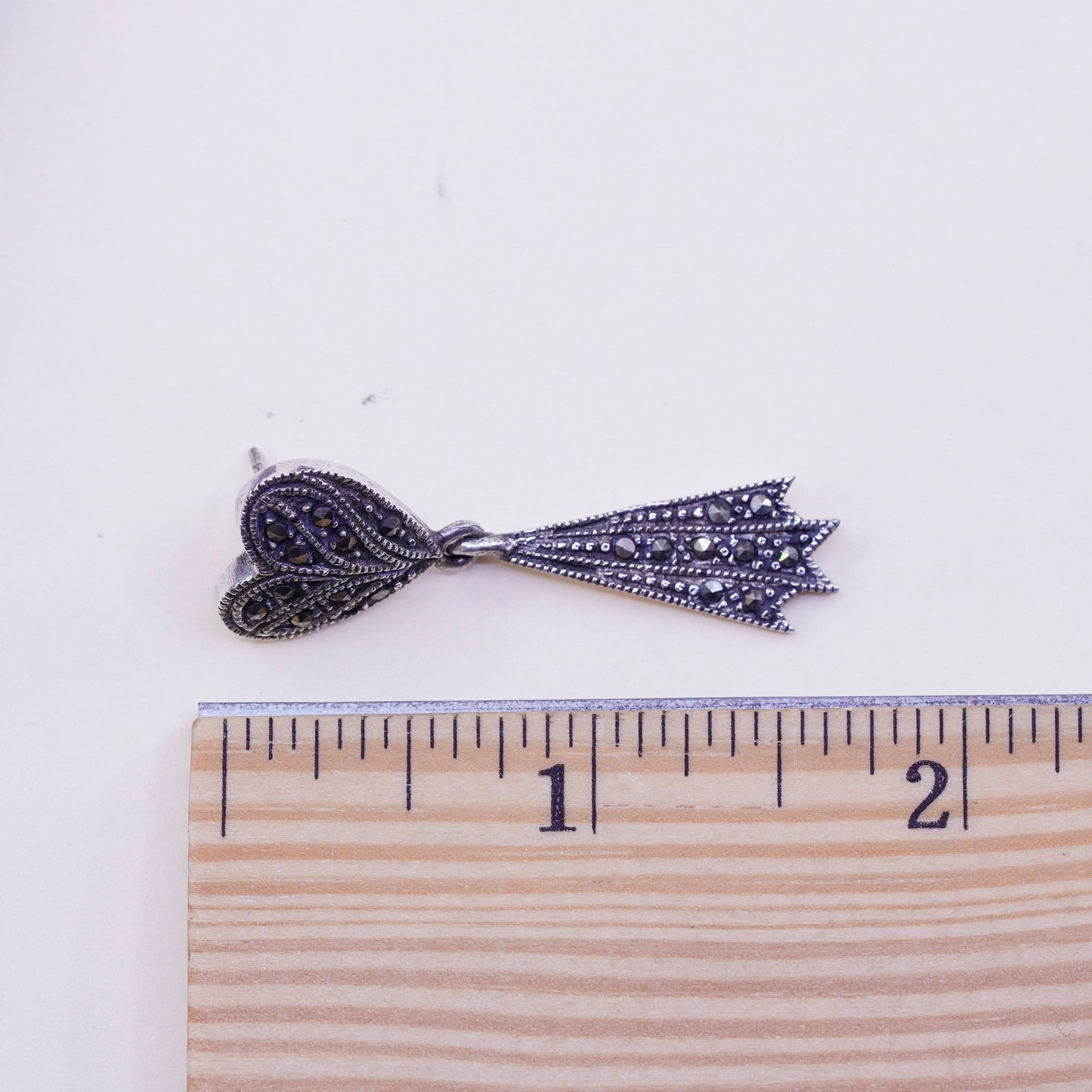 Vintage Sterling 925 silver handmade heart earrings with Marcasite