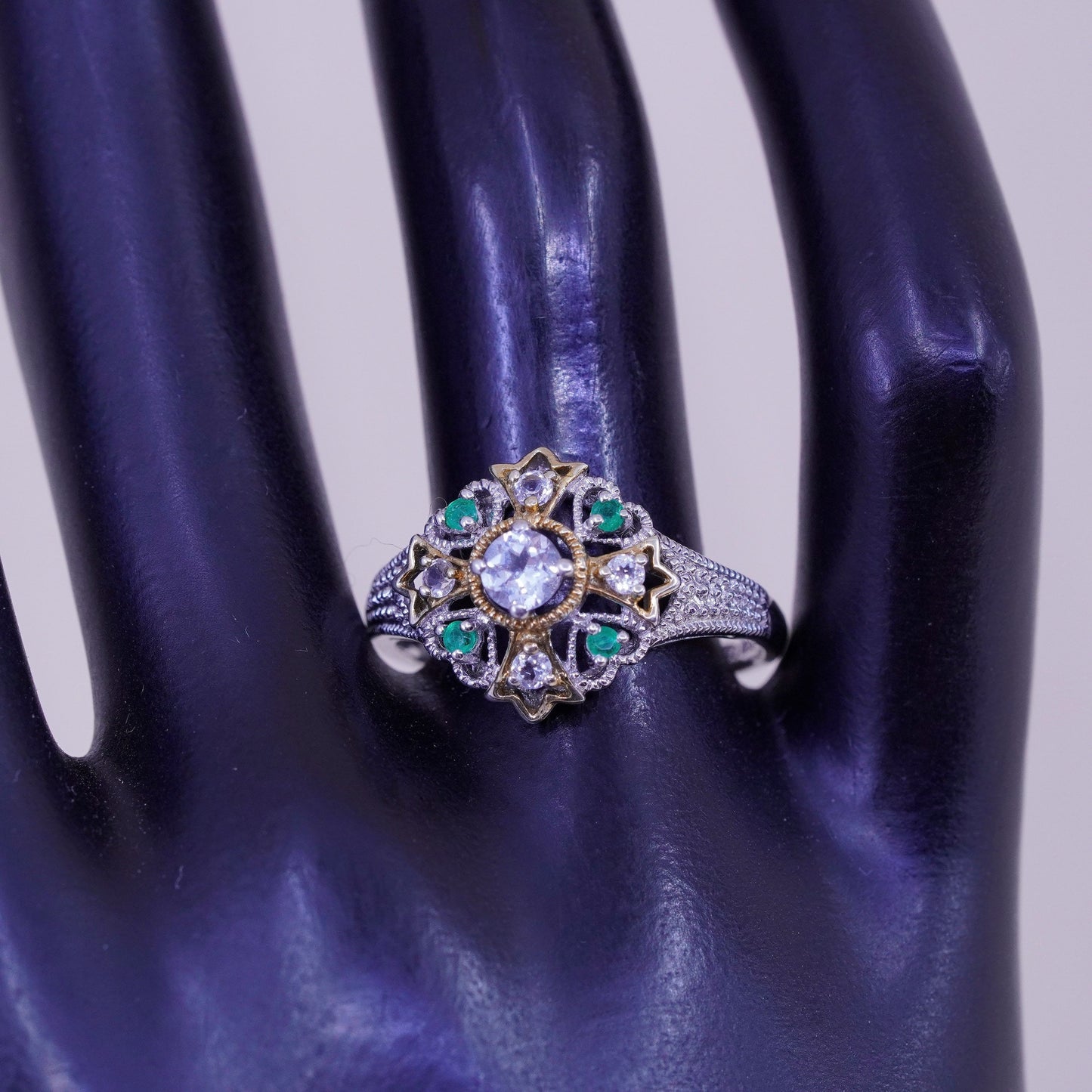 Size 9.25, vtg sterling 925 silver filigree engagement ring with peridot and cz