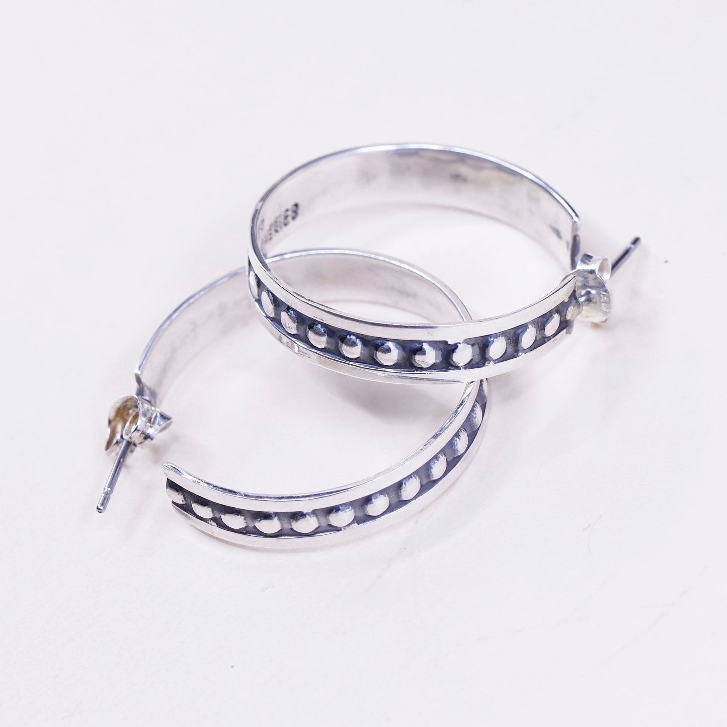 1”, Vintage mexico sterling silver wide hoops, 925 huggie earrings with beads