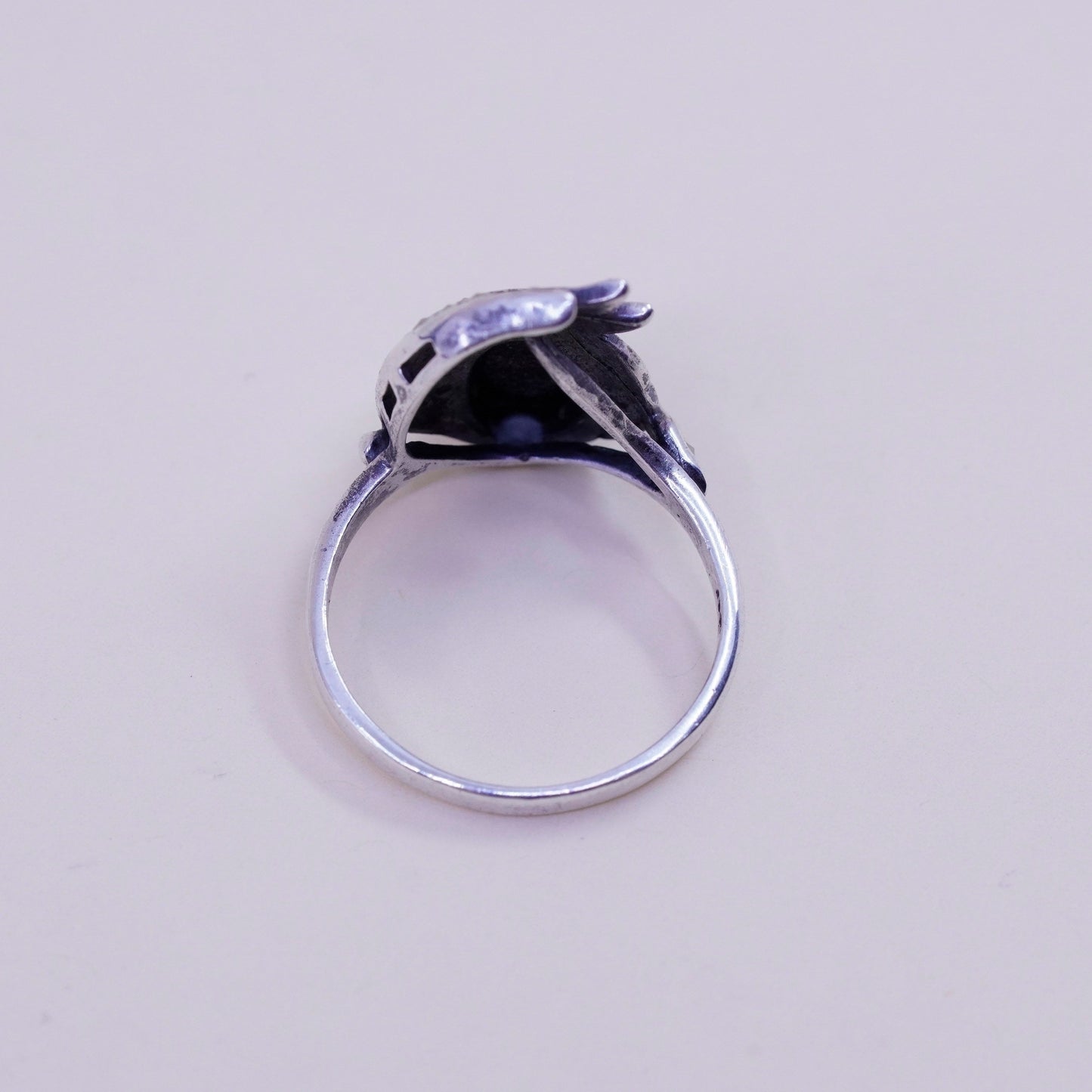 Size 6, Vintage sterling 925 silver handmade ring with obsidian and Marcasite