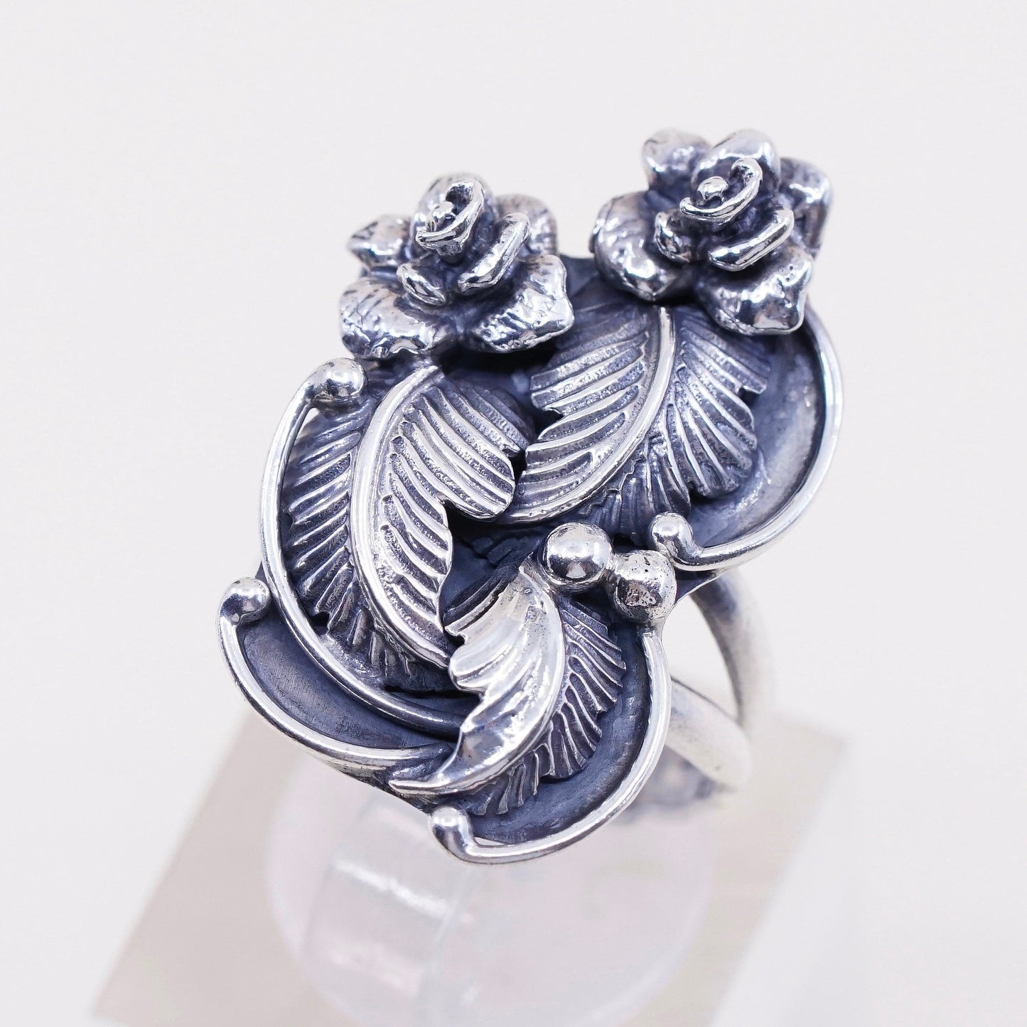 sz 5, Native American Les Baker Sterling silver ring, 925 feather N flower
