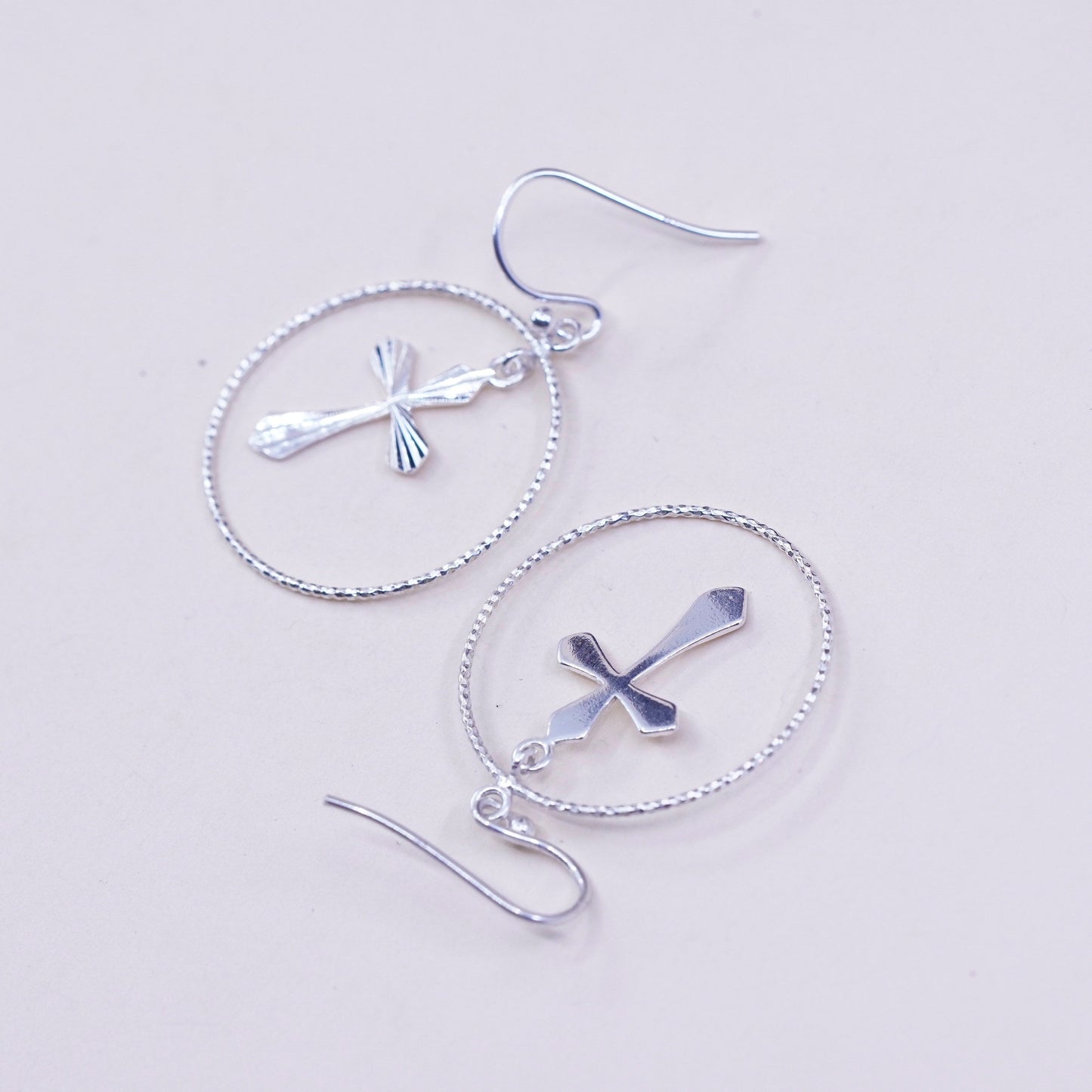 Vintage Sterling silver handmade earrings, 925 hoops with cross charms, cute, stamped 925