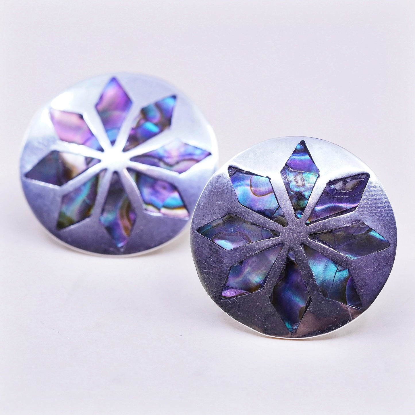 Mexico Sterling silver handmade earrings, 925 screw back flower with abalone