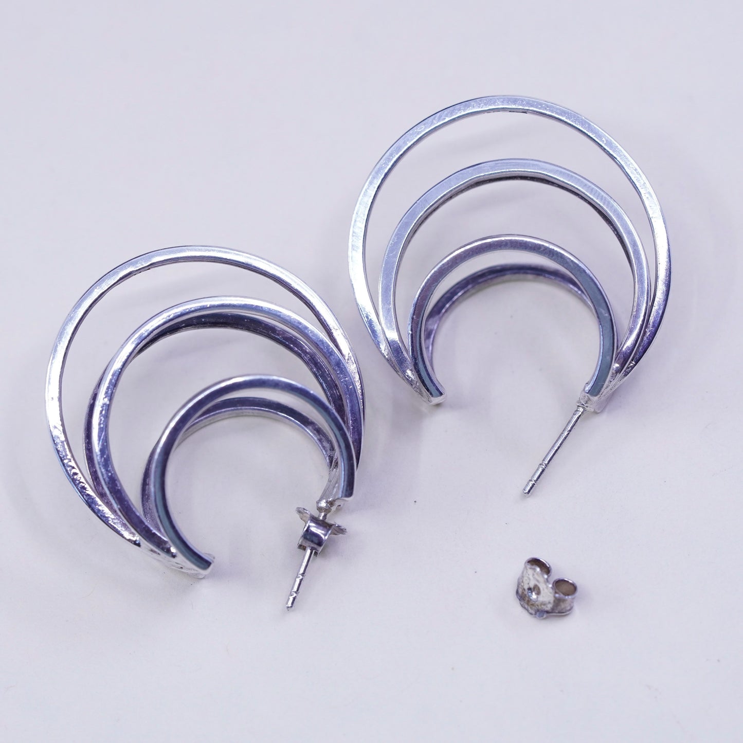 1.25”, Vintage Sterling silver handmade earrings, moon shaped 925 Huggie hoops