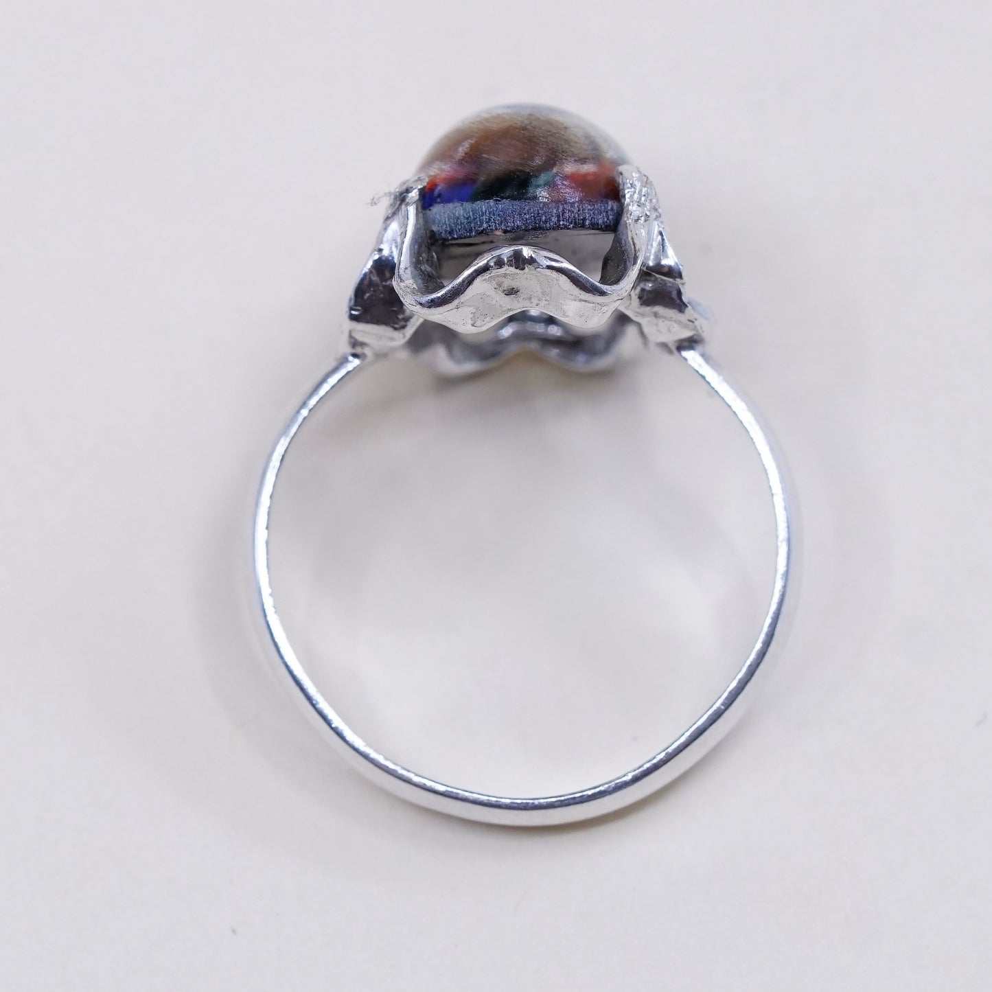 Size 9, vintage mexico sterling 925 silver handmade crown ring w/ foiled glass