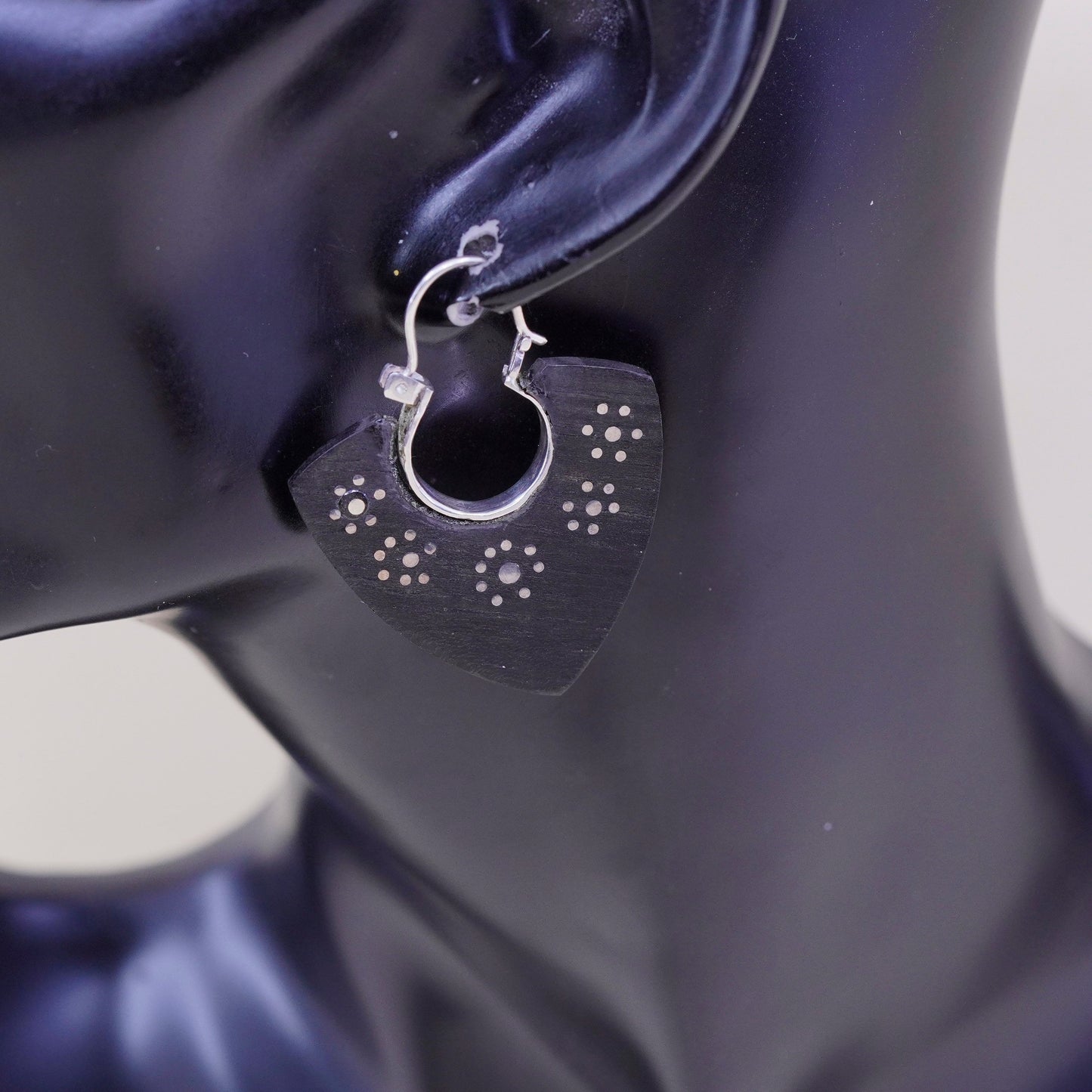 Vintage sterling 925 silver handmade earrings with black wood and flower dots