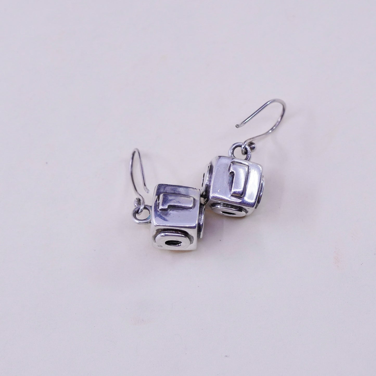 Vintage Sterling 925 silver handmade earrings, cube dangle with 0101 relief