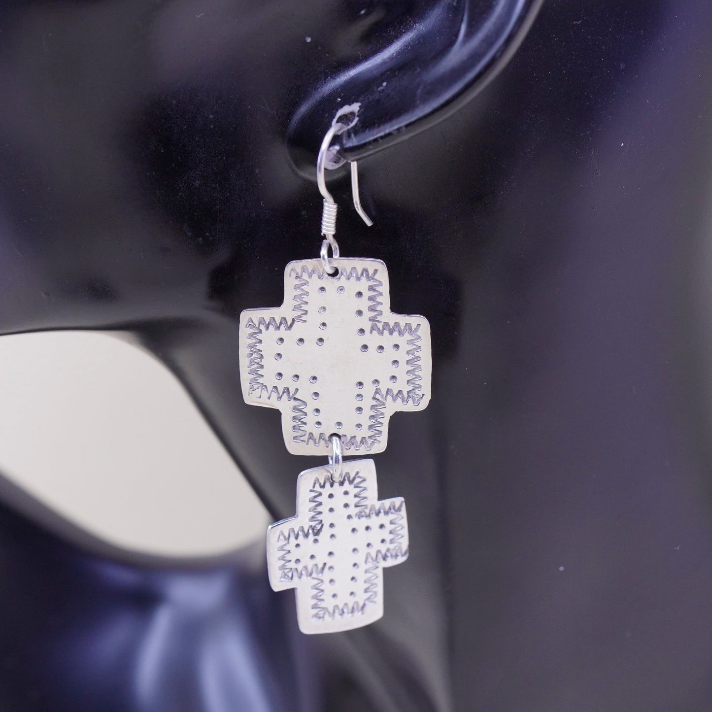 Vintage Sterling silver handmade earrings, huge textured 925 cross dangles